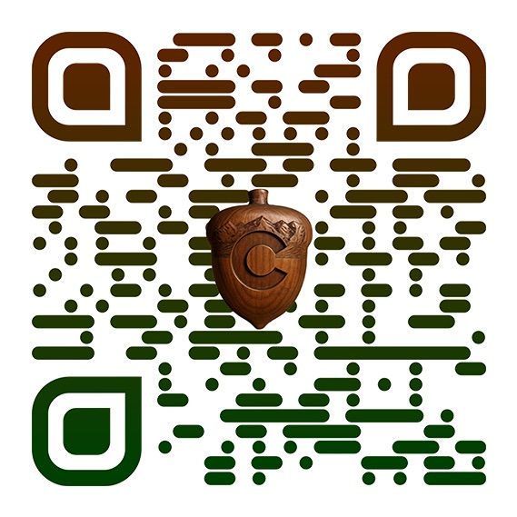 Abstract brown and green QR code pattern with chocolate heart shapes scattered throughout.