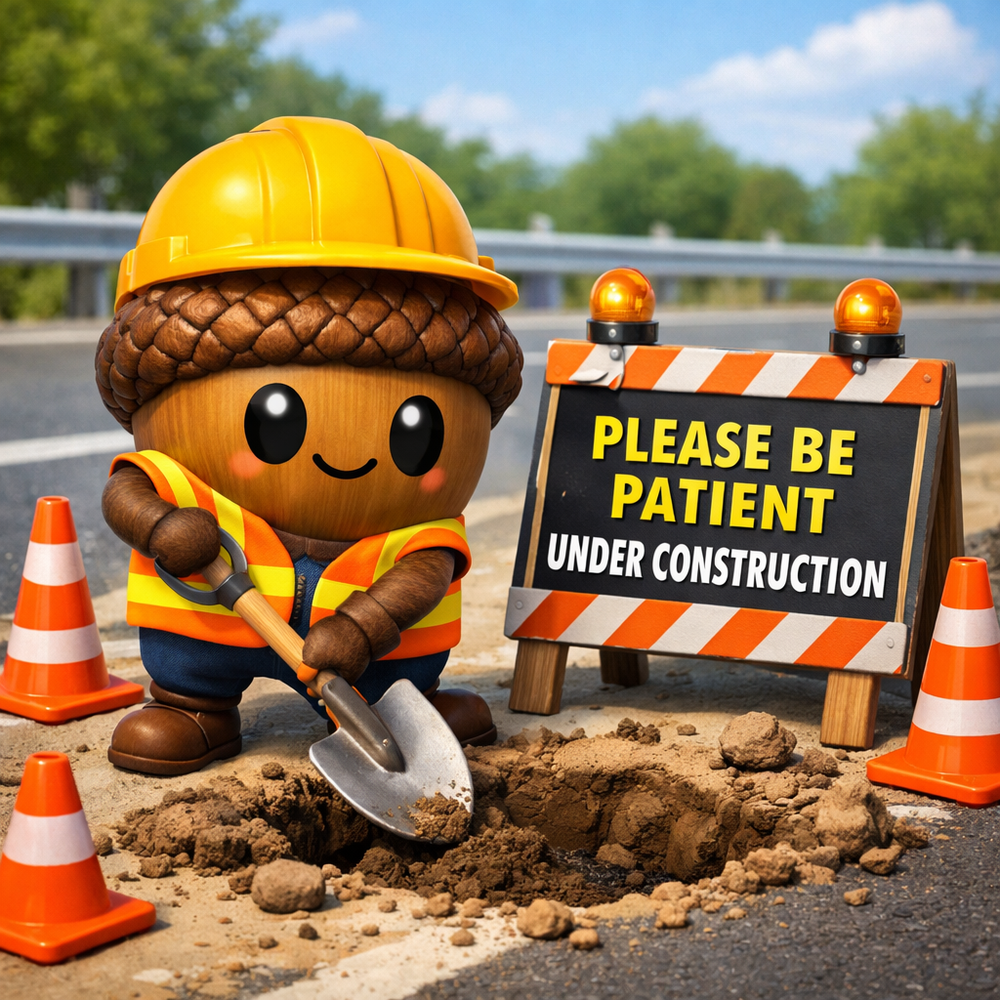 Cute cartoon acorn character in hard hat and safety vest digging with shovel next to Under Construction sign with traffic cones.