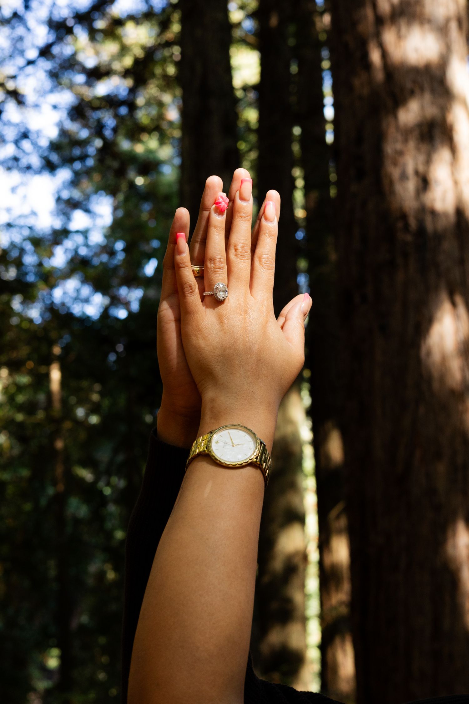 Two hands raised in a forest, one wearing a gold watch and diamond ring with red nail polish, surrounded by tall trees.
