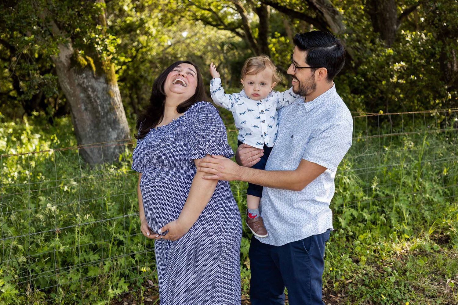 Pregnant woman in blue dress laughs with husband holding toddler son outdoors in lush green park setting.