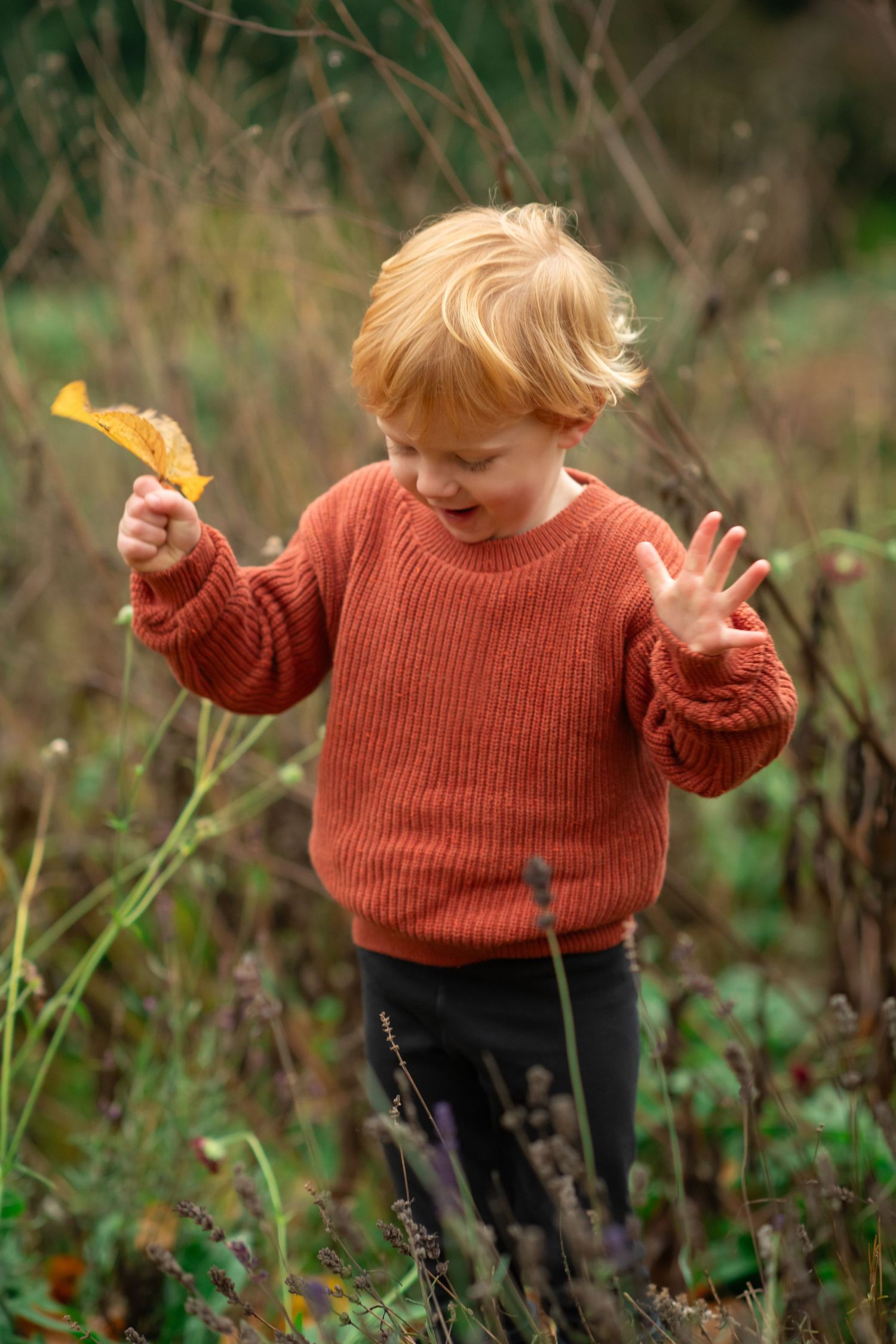 A small child in a rust-colored sweater plays joyfully outdoors among tall grass and wildflowers on an autumn day.