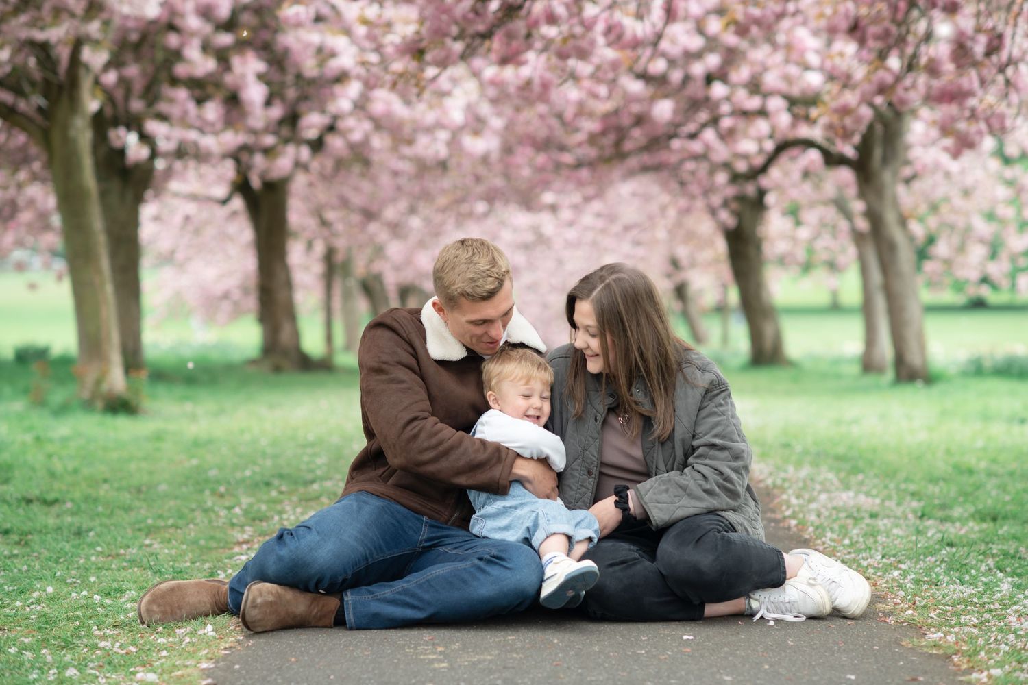 Family sitting together under blooming cherry blossom trees in a spring park setting.