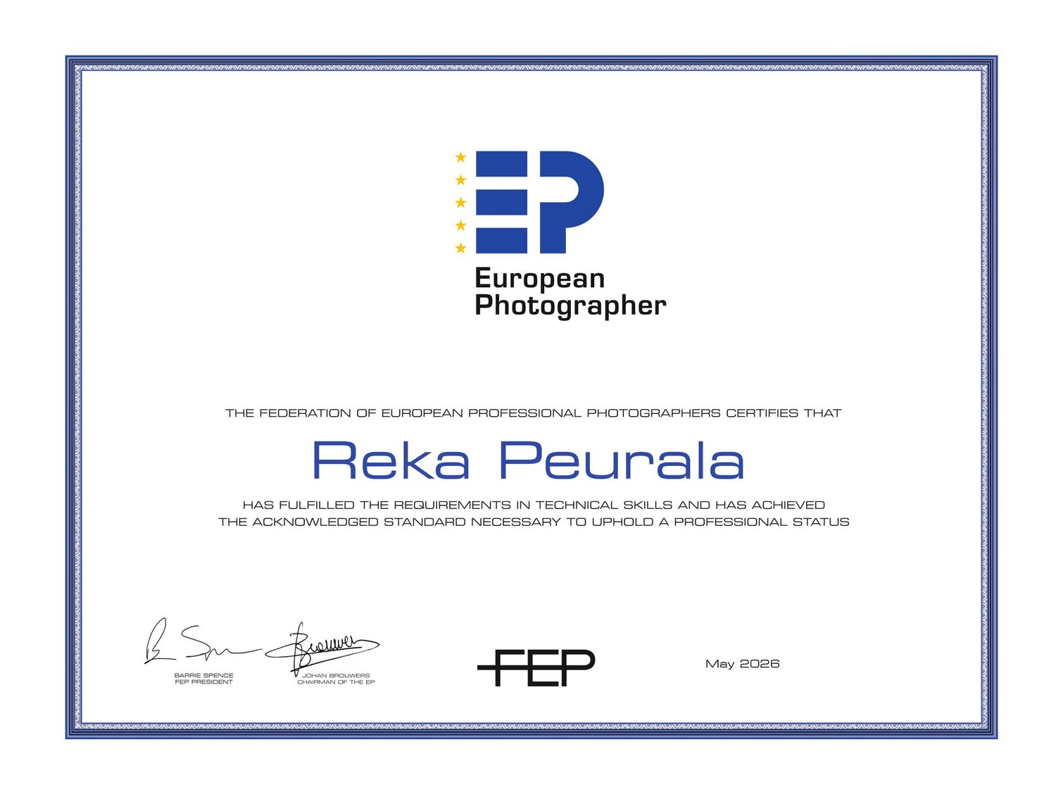Reka Peurala's European Photographer (EP) title by the Federation of European Professional Photographers (FEP)