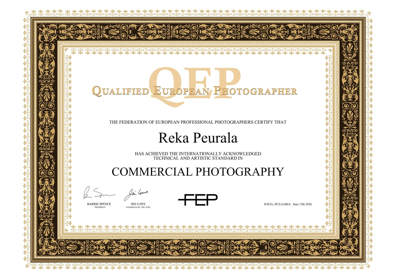 Reka Peurala's Qualified European Photographer (QEP) title by the Federation of European Professional Photographers (FEP)