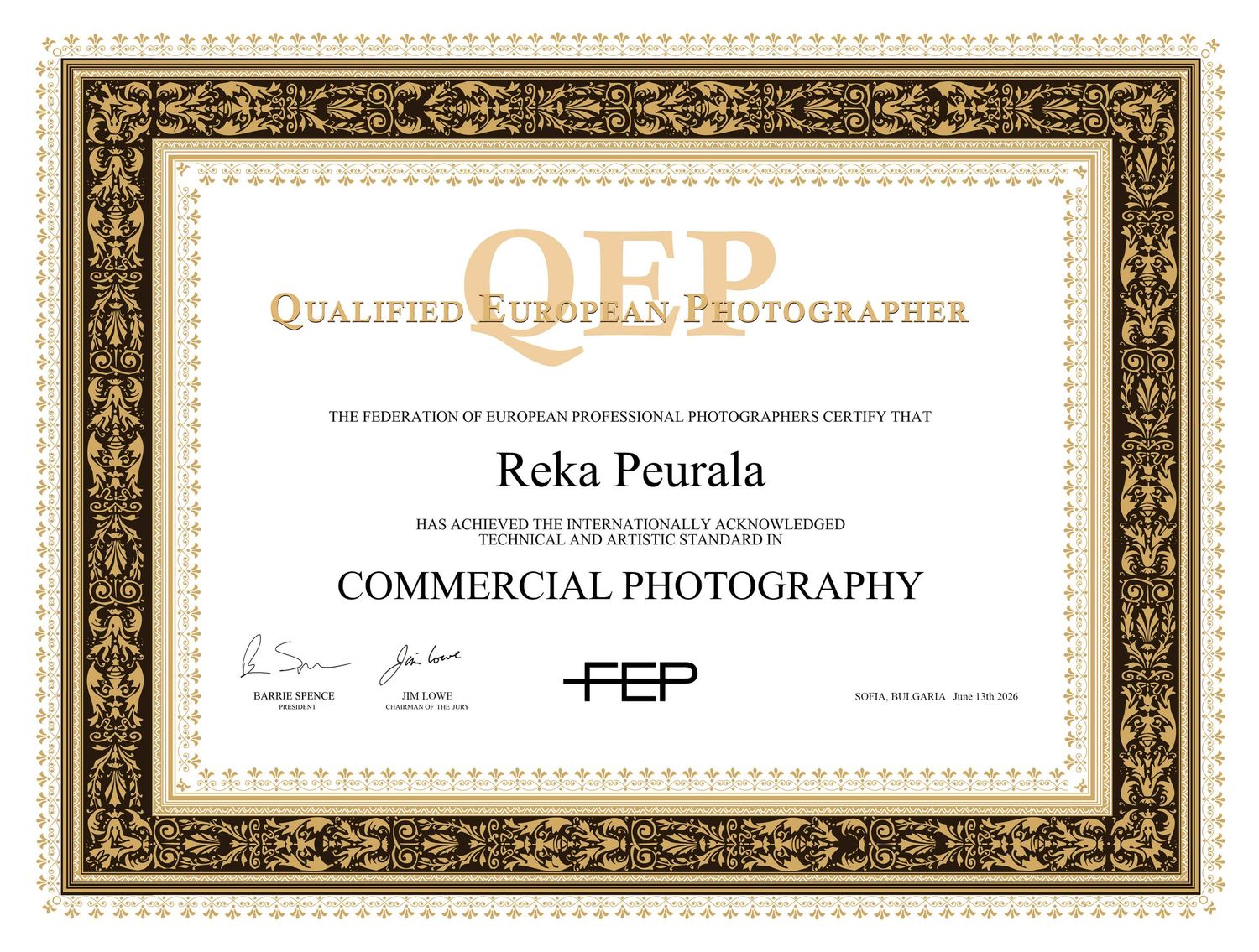 Qualified European Photographer (QEP) certificate awarded to Reka Peurala by the Federation of European Photographers in 2026.