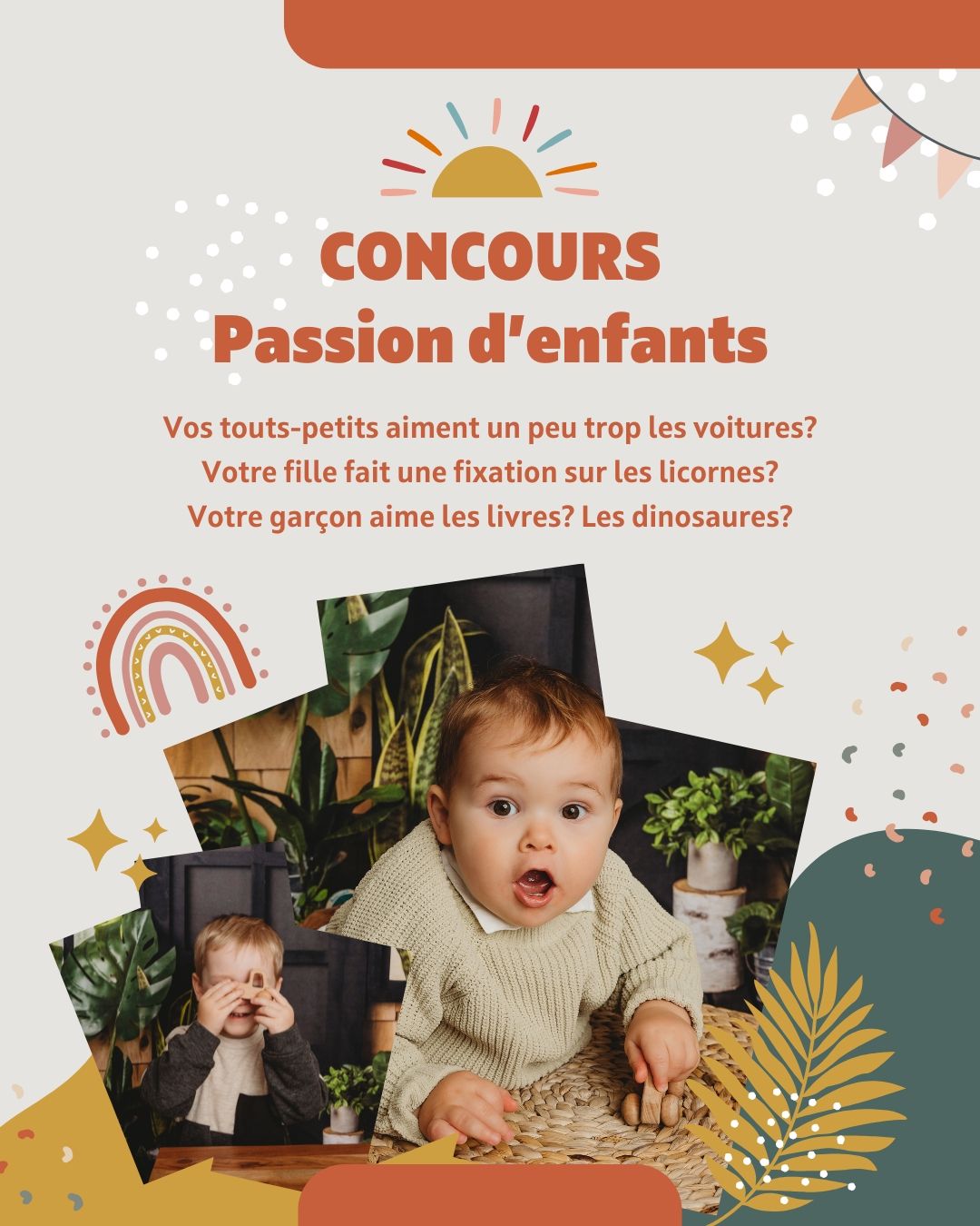 French children contest flyer featuring two baby photos with colorful rainbow decorations and tropical leaves on beige background.