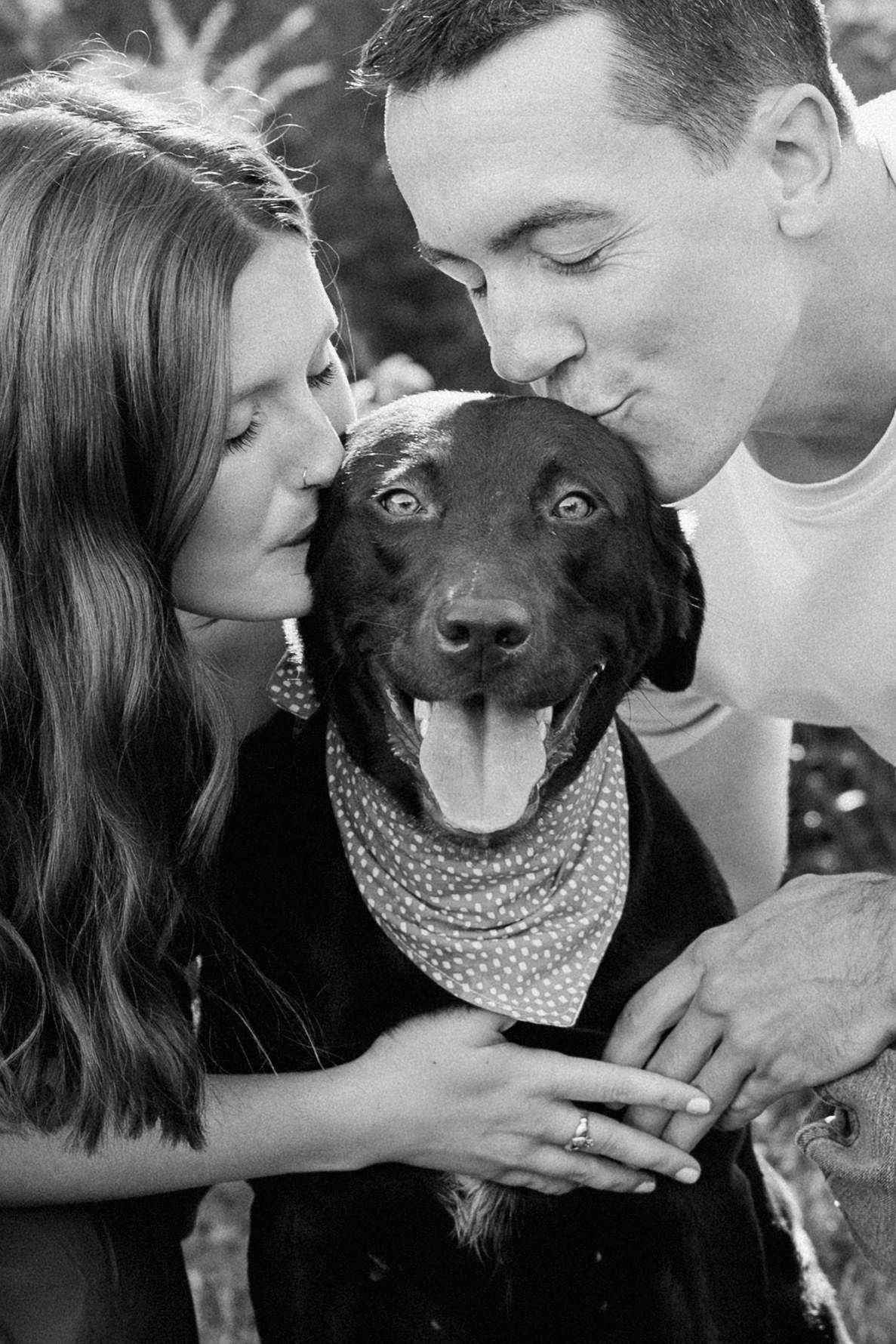 A happy black dog wearing a bandana gets affectionate kisses in a black and white portrait at Rochester, NY engagement photos.