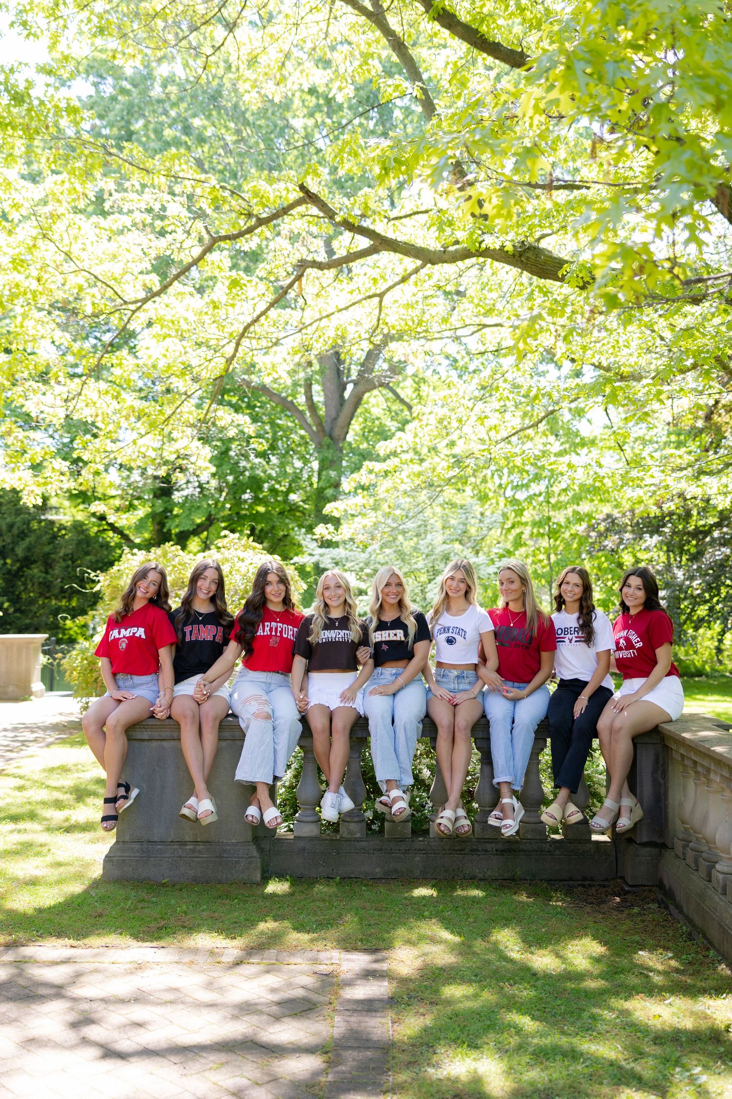 Group photo of students wearing college apparel sitting on a stone wall under green trees. College apparel grad photos.