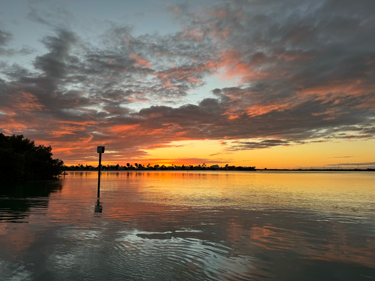 Panoramic sequence of a vibrant orange sunset over calm water.