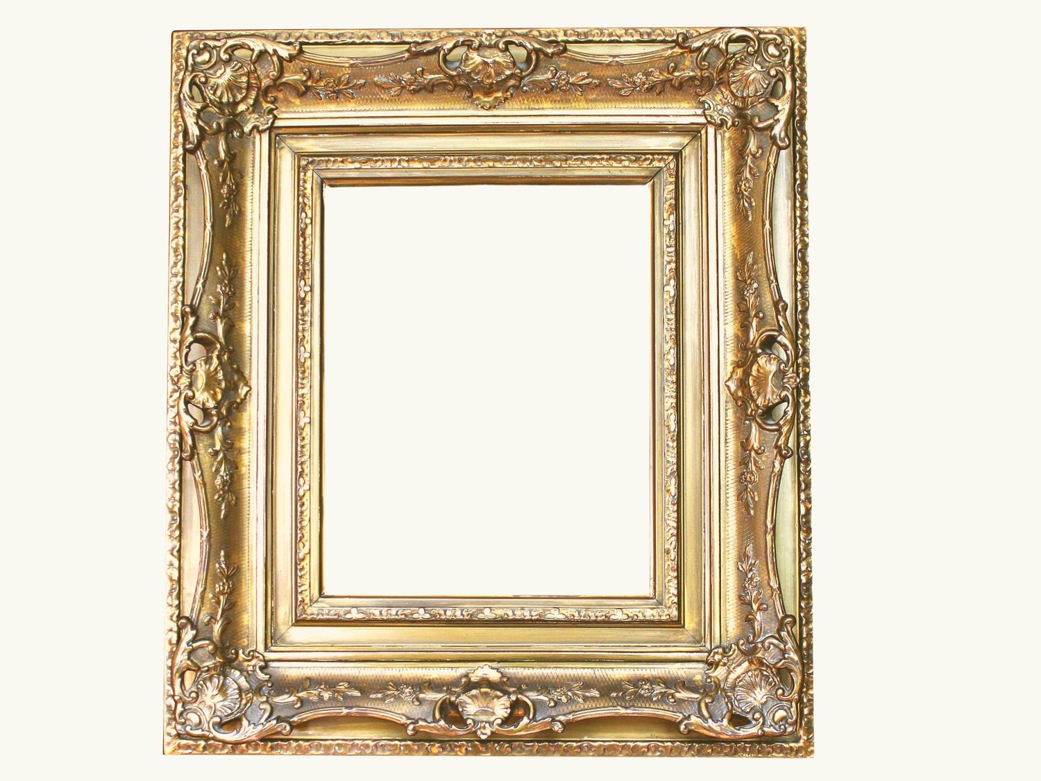 Ornate gold antique picture frames with baroque style decorative details displayed in a row.