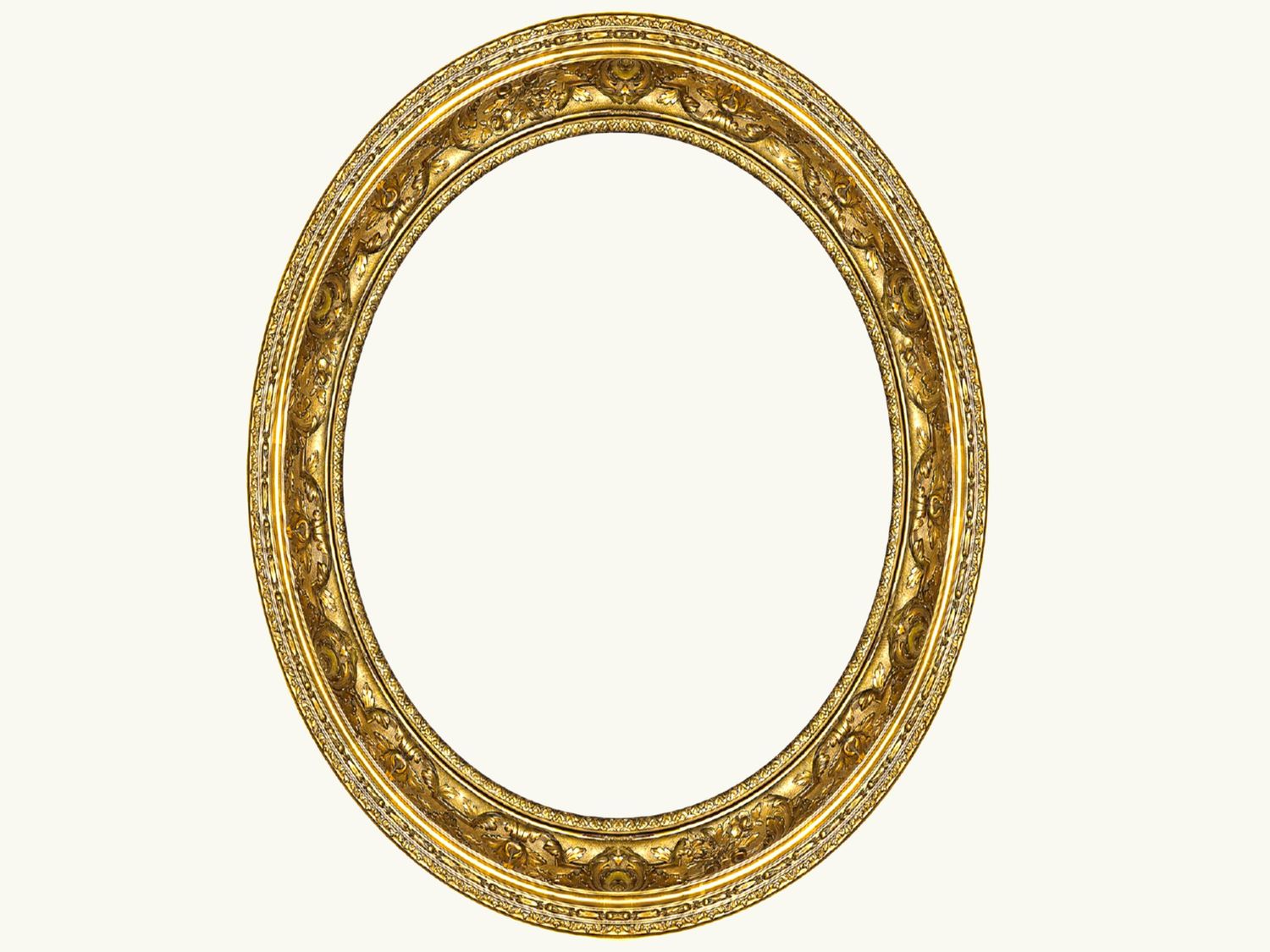 Collection of vintage oval gold frames with ornate baroque designs arranged horizontally.