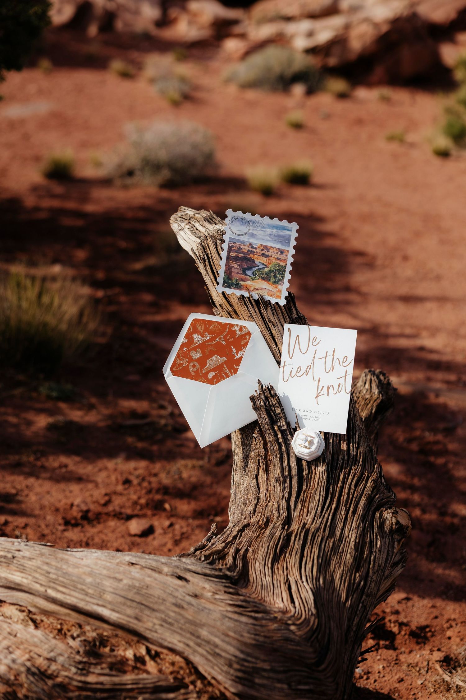 Vintage stamps and wedding stationery arranged on weathered desert wood in Moab, Utah for elopement.