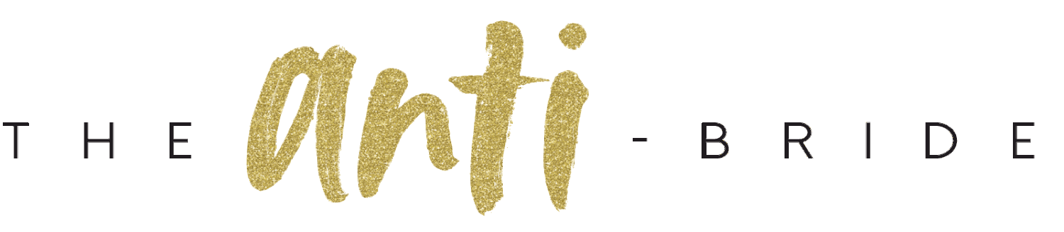 Modern typography logo for 'The Anti-Bride' with gold metallic text.