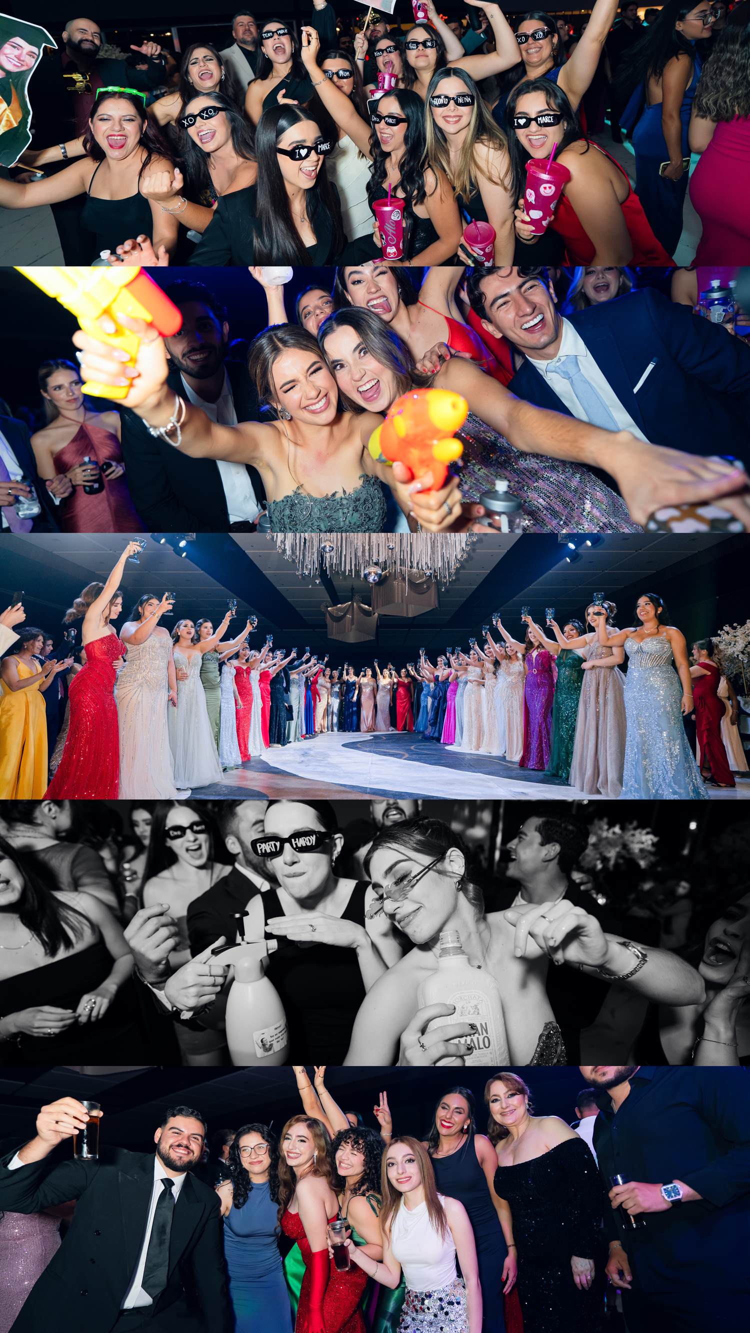 Collage of prom night photos showing students dancing and posing in formal attire.