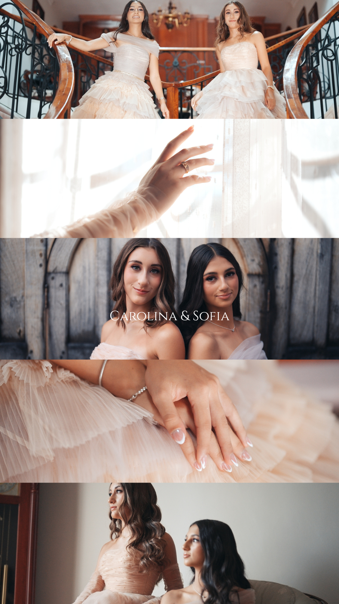 A collection of wedding photography shots showing brides in elegant white dresses preparing for their special day.