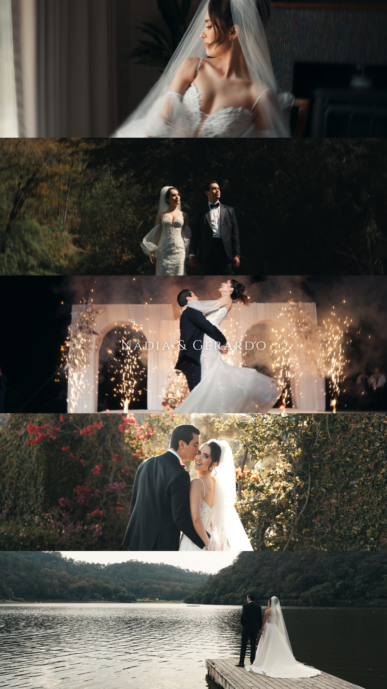 A stunning wedding collage featuring a bride in a white gown, couple portraits, fireworks, and a romantic lakeside kiss.