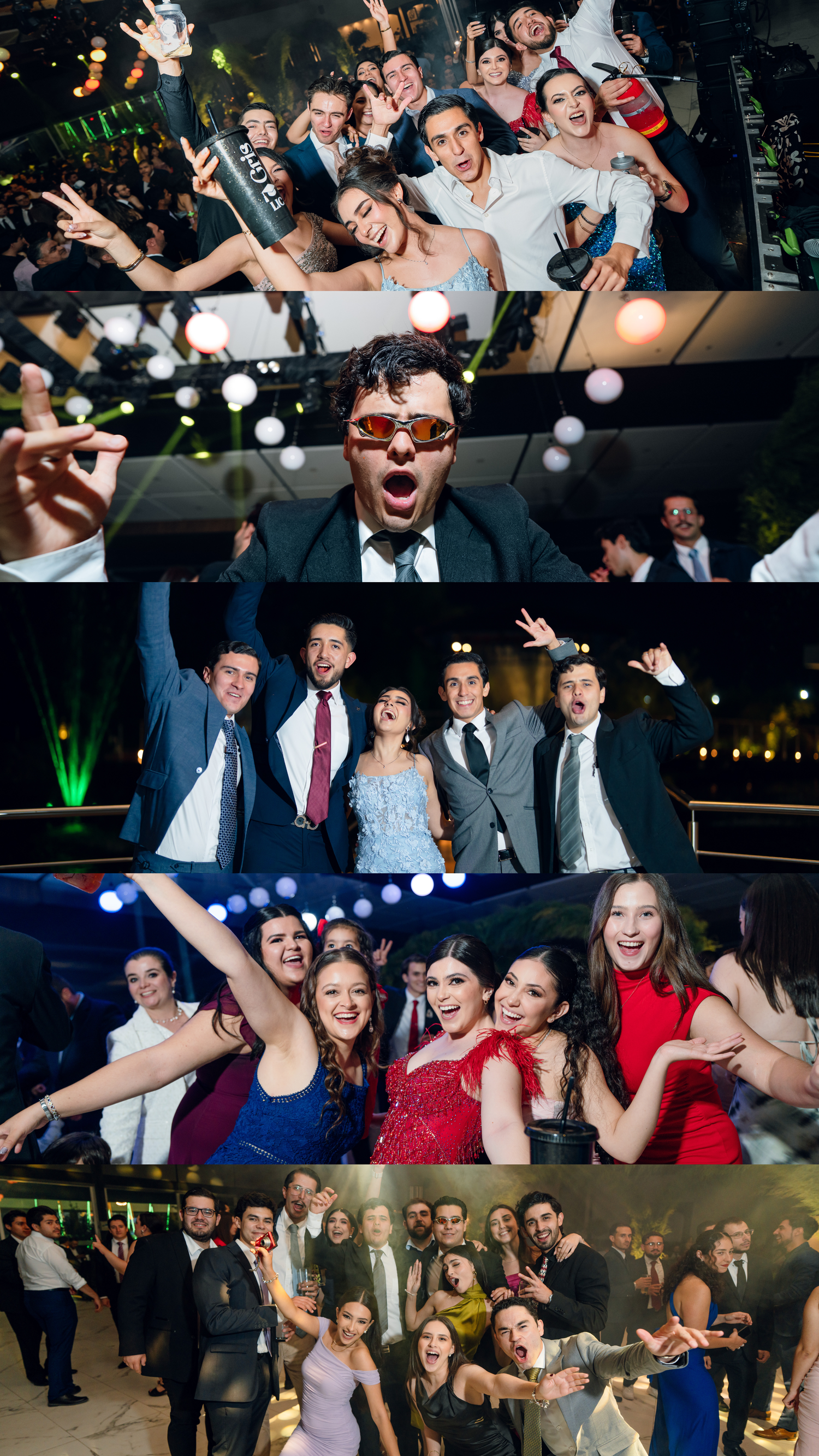Lively party scene collage showing people dancing and celebrating at formal event.