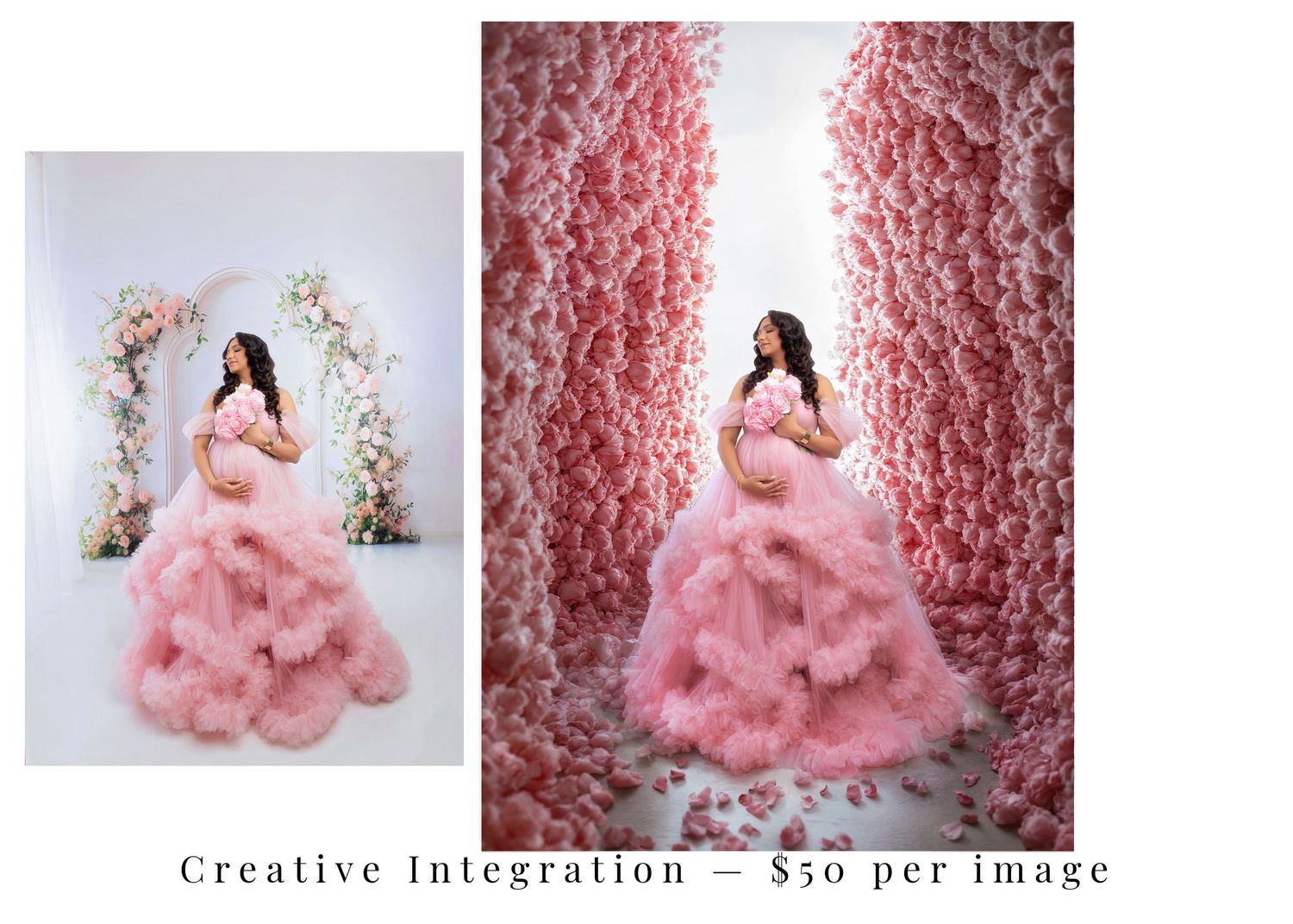 Pregnant woman in pink tulle maternity gown poses in floral studio setting, creative photo integration service $50 per image.