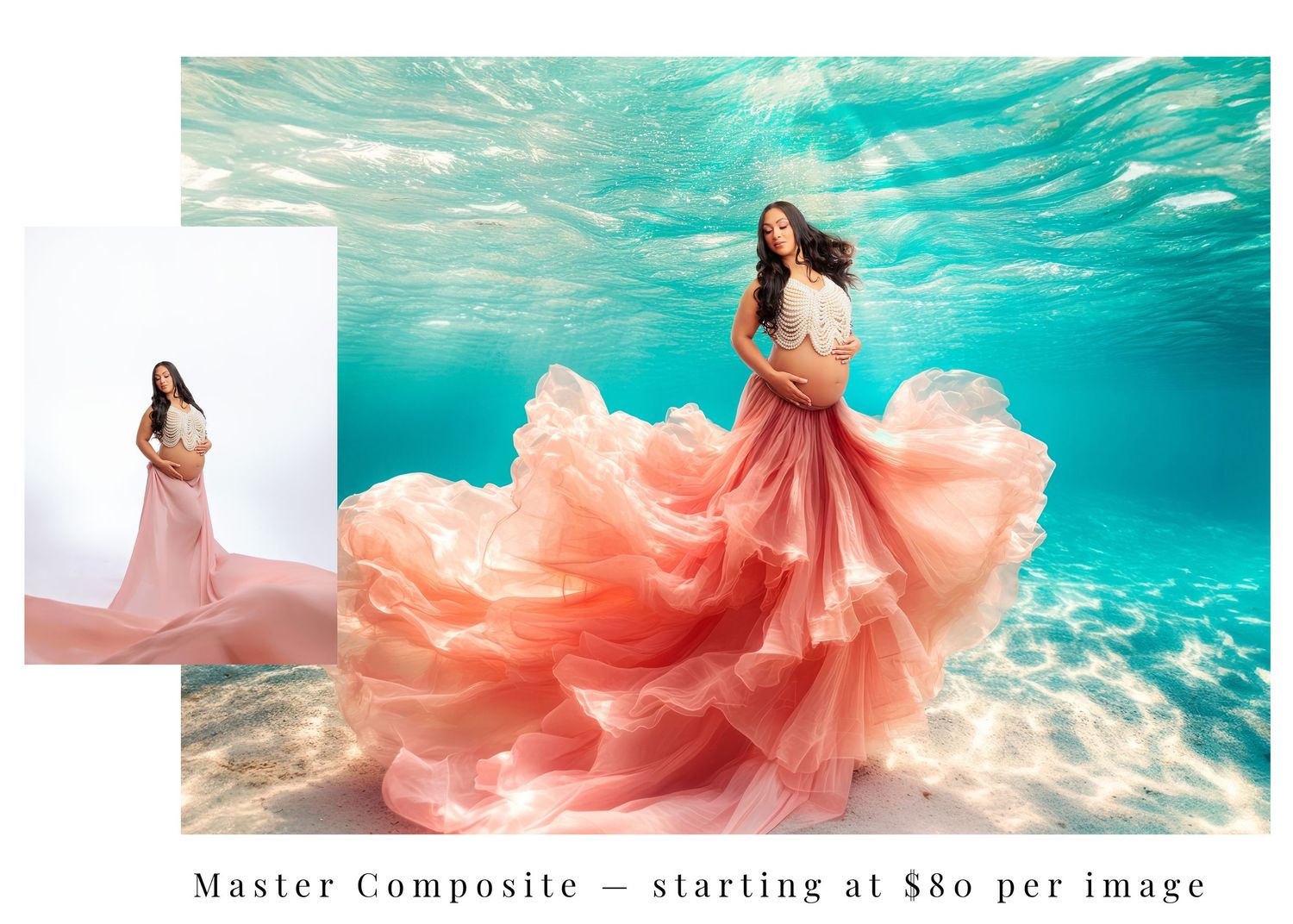 Underwater maternity composite photo of pregnant woman in flowing pink gown, starting at $80 per image.