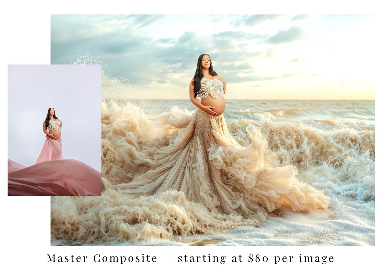 Pregnant woman in flowing champagne gown standing in ocean waves, master composite photography starting at $80 per image.