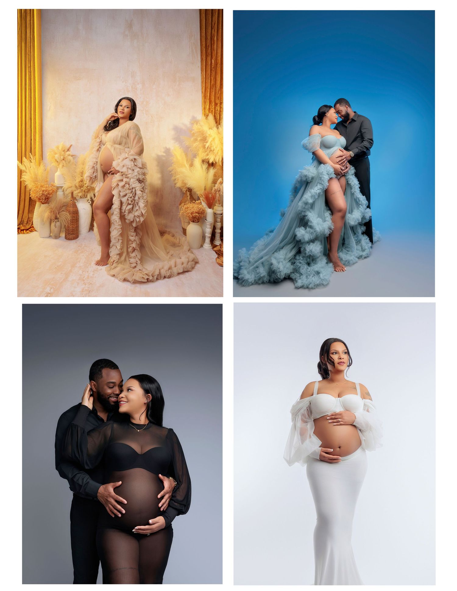 Collage of four elegant maternity photoshoots featuring pregnant women in flowing gowns with partners in studio settings.