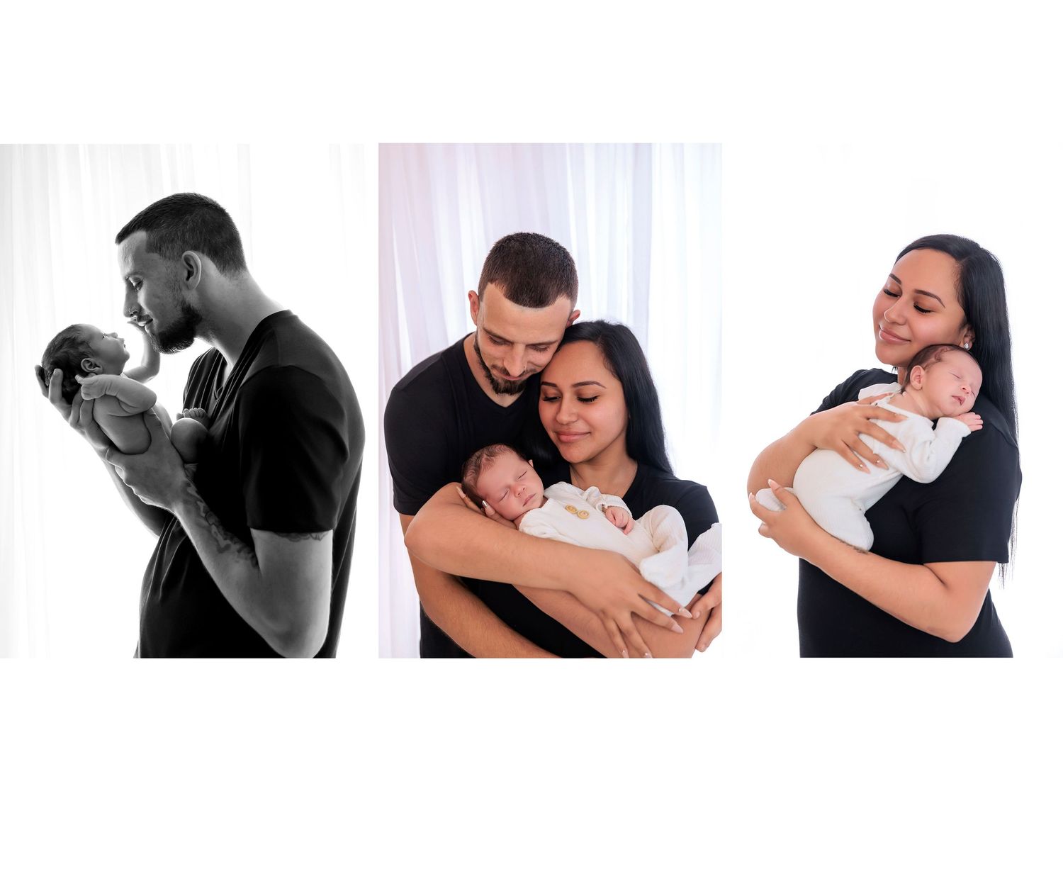 Black and white and color newborn family portraits of parents tenderly holding their swaddled newborn baby.