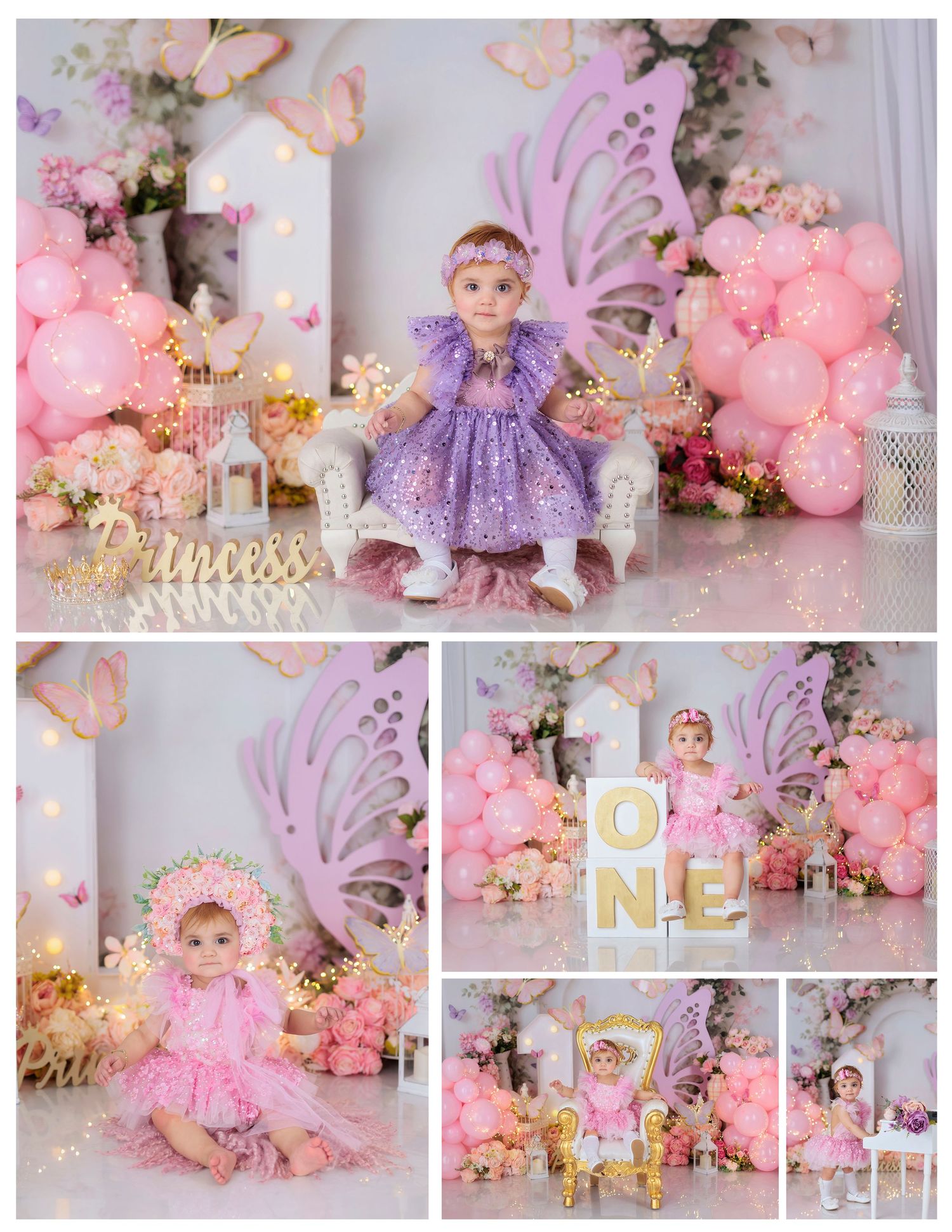 Baby girl in purple dress sits among pink balloons, butterfly decor, and flowers at a fairy-themed first birthday photoshoot.