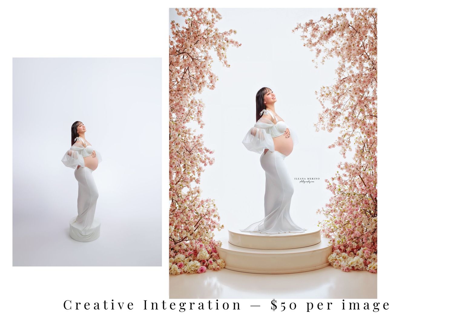 Pregnant woman in white gown poses for creative maternity photo integration with floral backdrop, $50 per image.