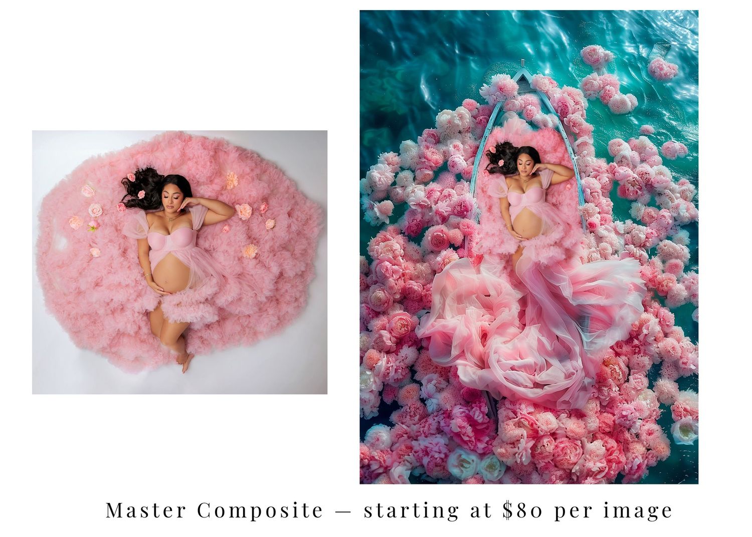 Two composite photos of a woman lying among pink flowers, one overhead shot and one underwater scene, starting at $80.