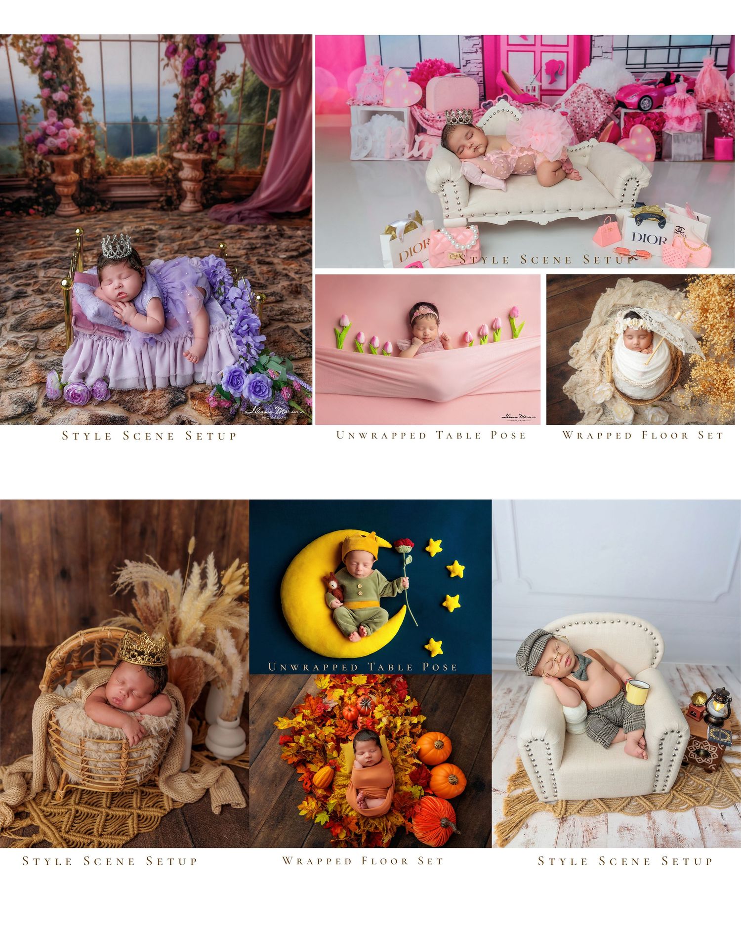 Newborn photography collage showcasing styled scene setups with sleeping babies in floral and themed props.