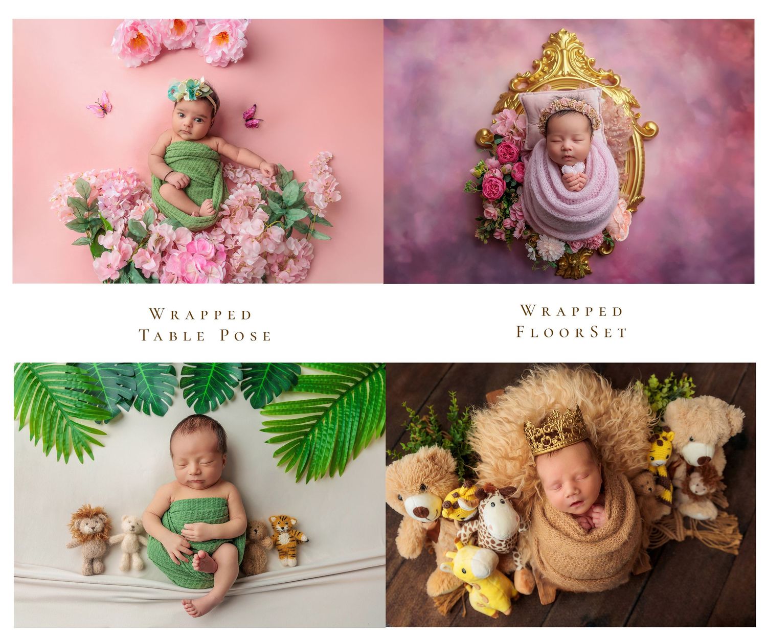 Newborn photography collage showing wrapped babies in green and brown setups with plush toys.