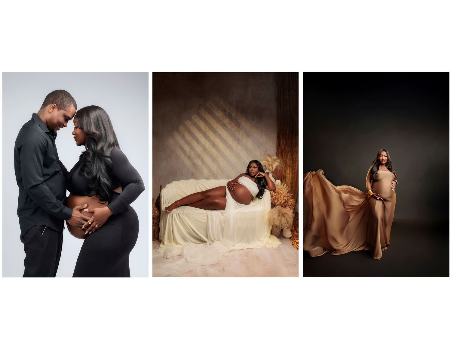 A maternity photo collage featuring three poses: a couple embracing, a woman reclining on a chaise, and a flowing gown silhouette.