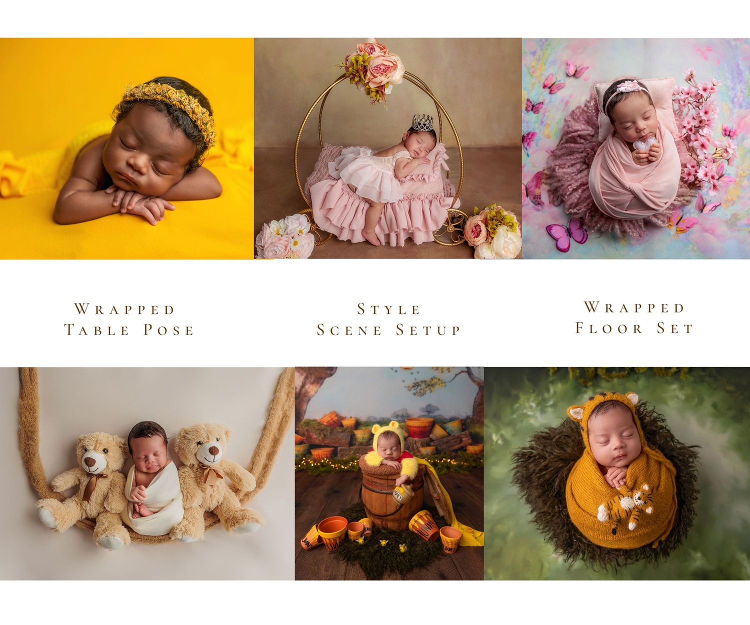 Newborn photography collage featuring babies in wrapped poses, styled scenes, and colorful floor sets.