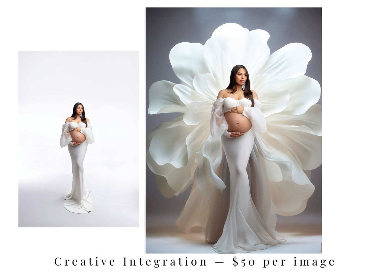 Pregnant woman in white gown poses for maternity photo with creative floral backdrop integration, $50 per image.