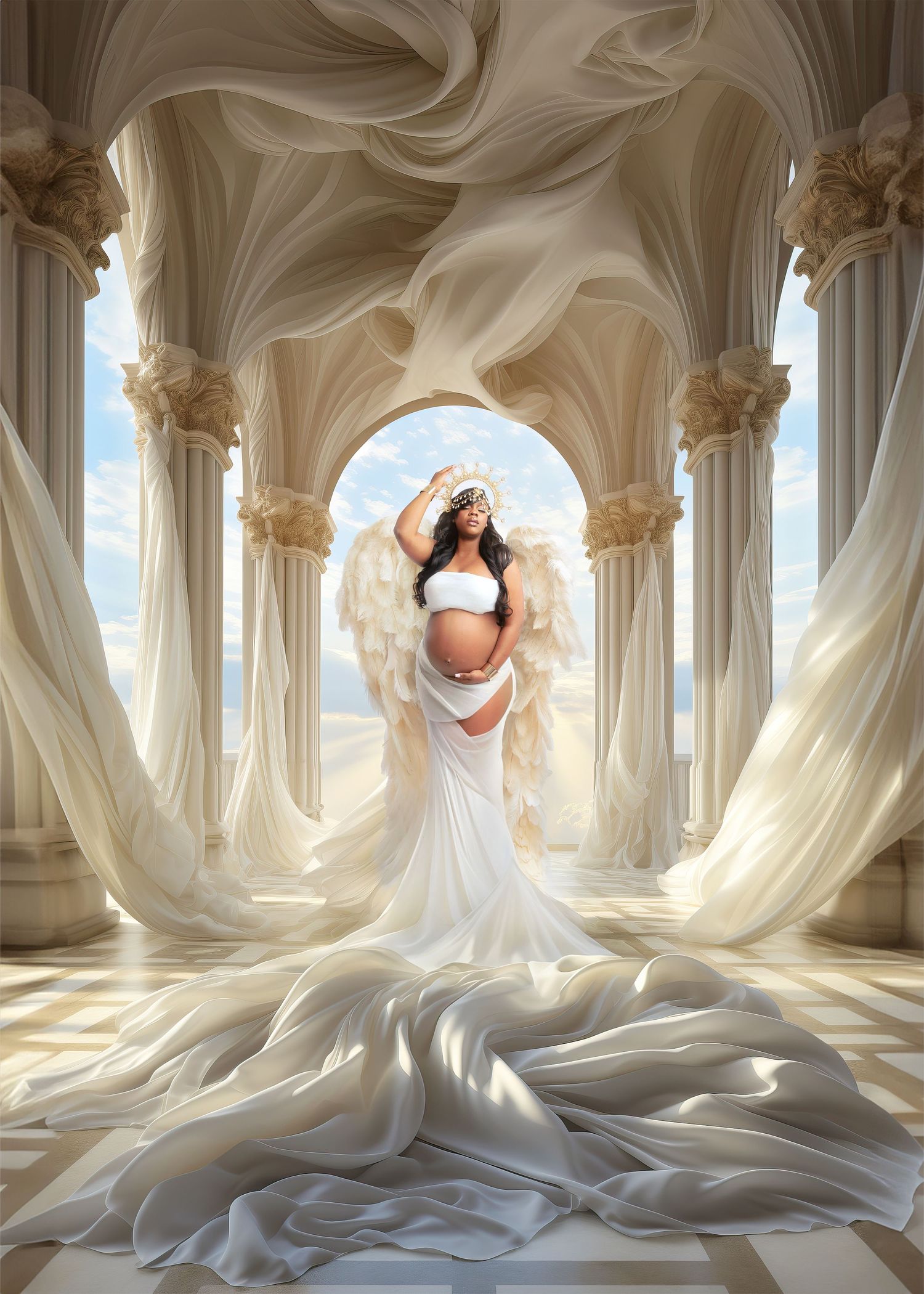 Pregnant woman in white angel wings and flowing gown stands in ornate marble archway with billowing fabric.