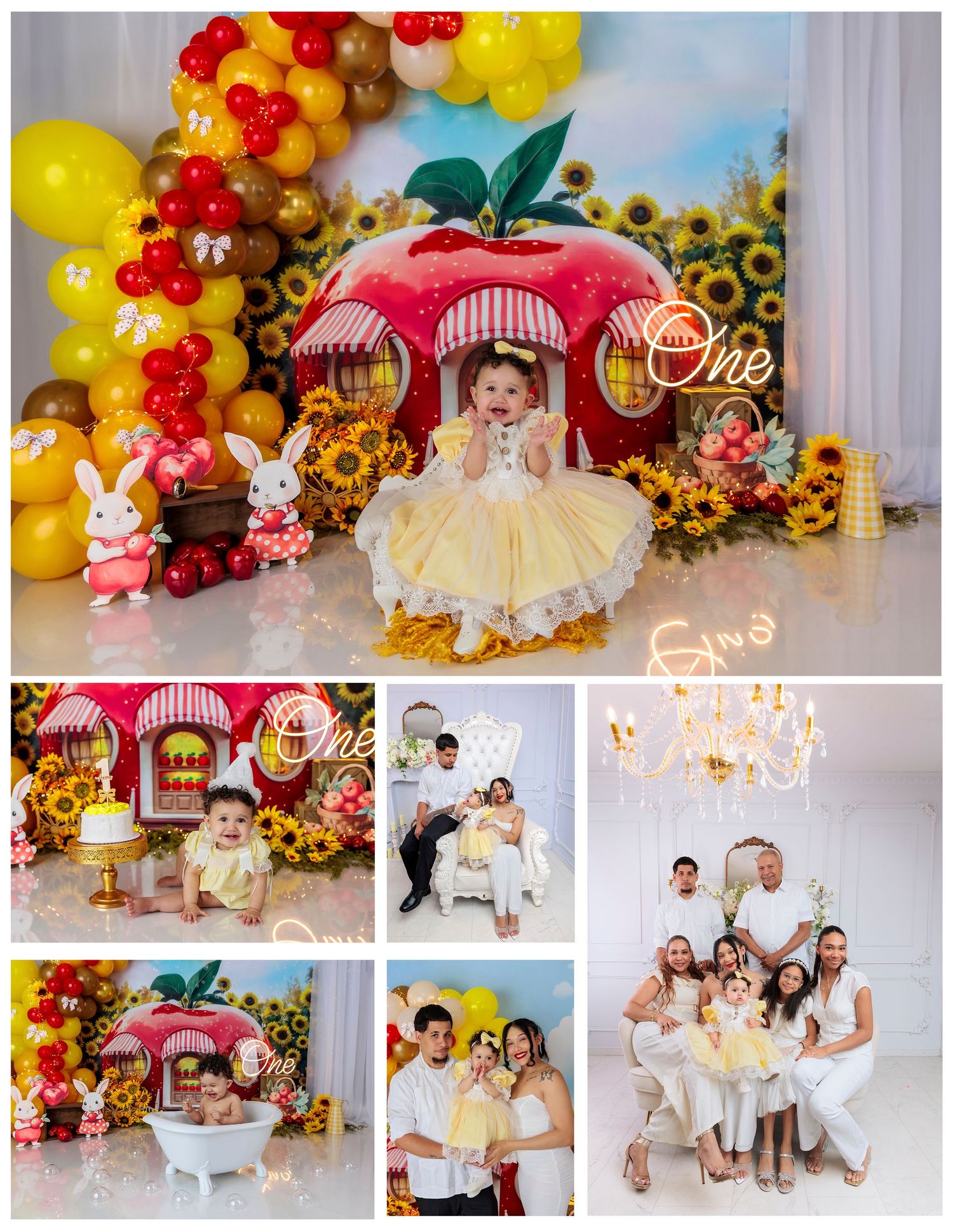 Snow White themed first birthday collage with baby girl, family portraits, balloon arch, and cake smash.