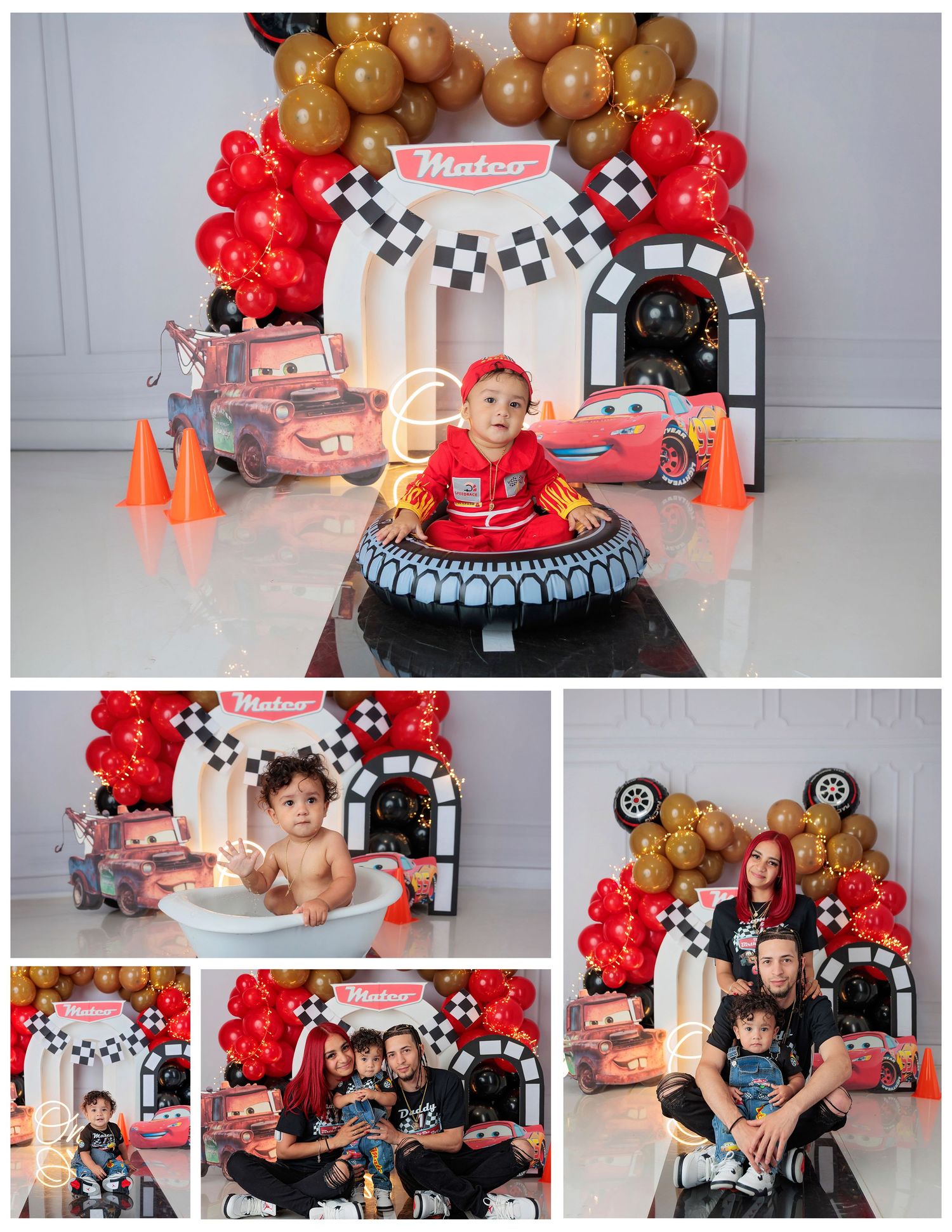 Baby boy celebrates first birthday with a Cars-themed cake smash, featuring Lightning McQueen decorations, balloons, and family photos.