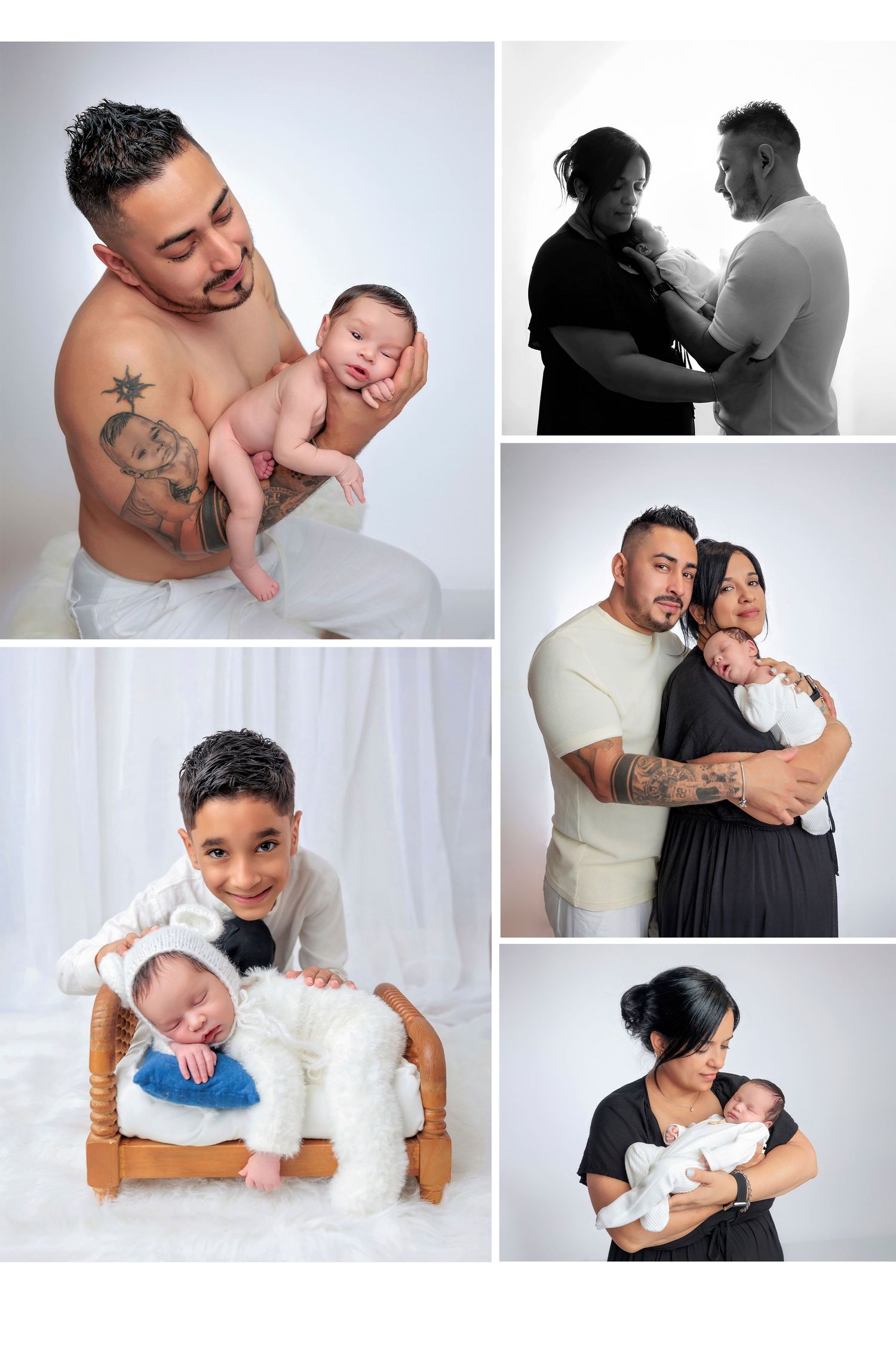 Newborn family photo collage featuring dad, mom, and sibling posing with their swaddled newborn baby.
