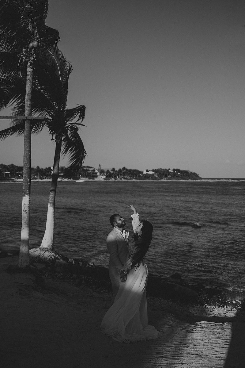 Black and white newlyweds portrait at Blue Venado Riviera Maya destination elopement photographer.