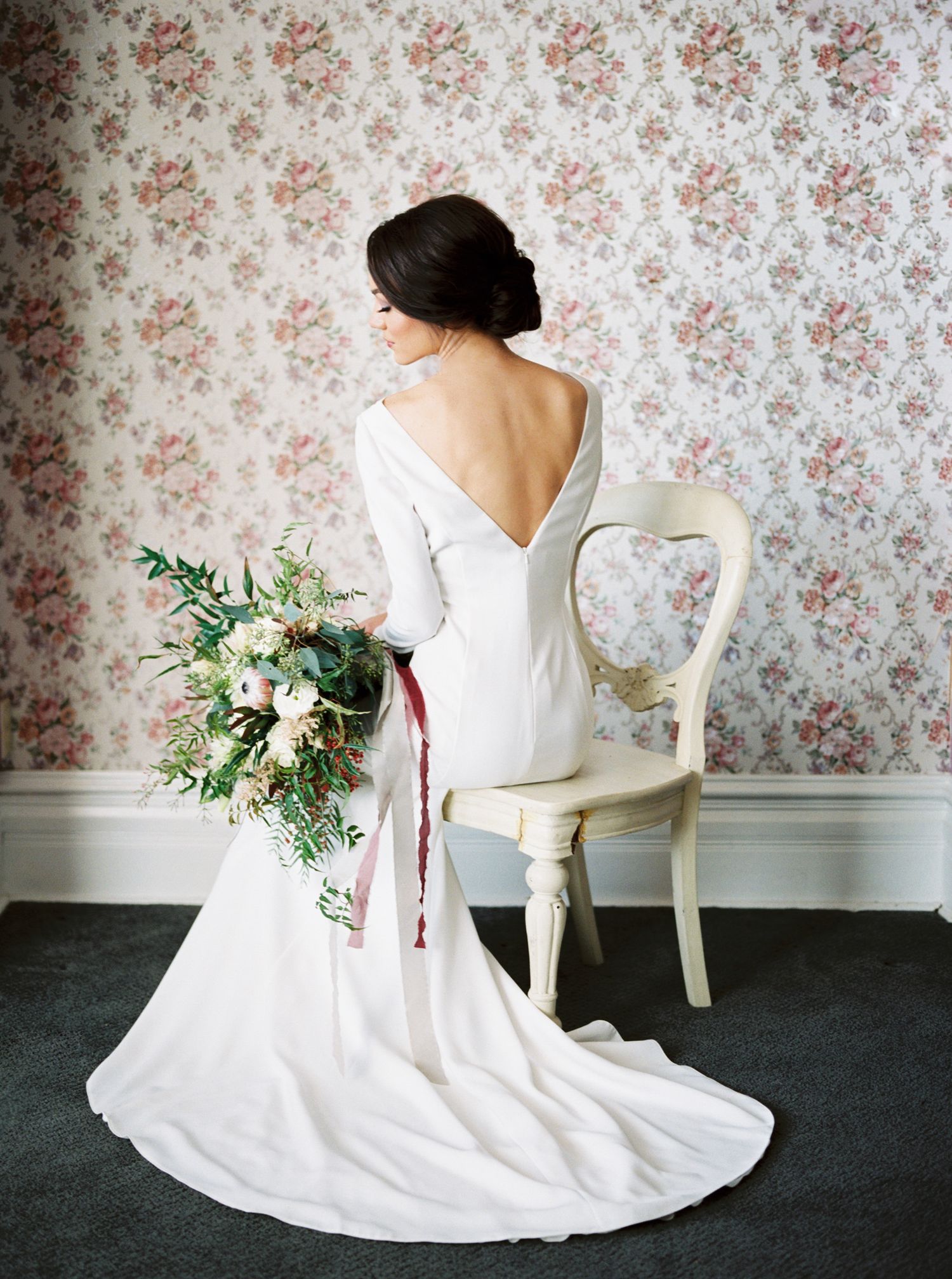 A sequence of elegant bridal portraits against floral wallpaper showing a white wedding dress and delicate bouquet details.
