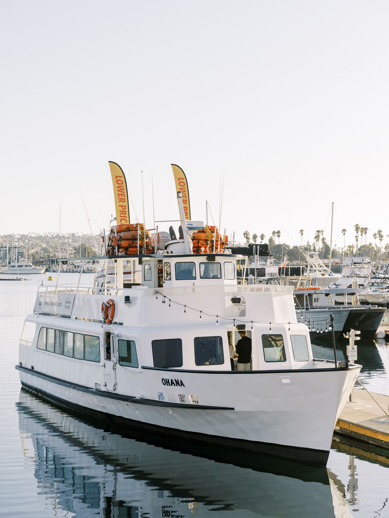 White passenger boat named Ohana docked in a marina with palm trees in the background.