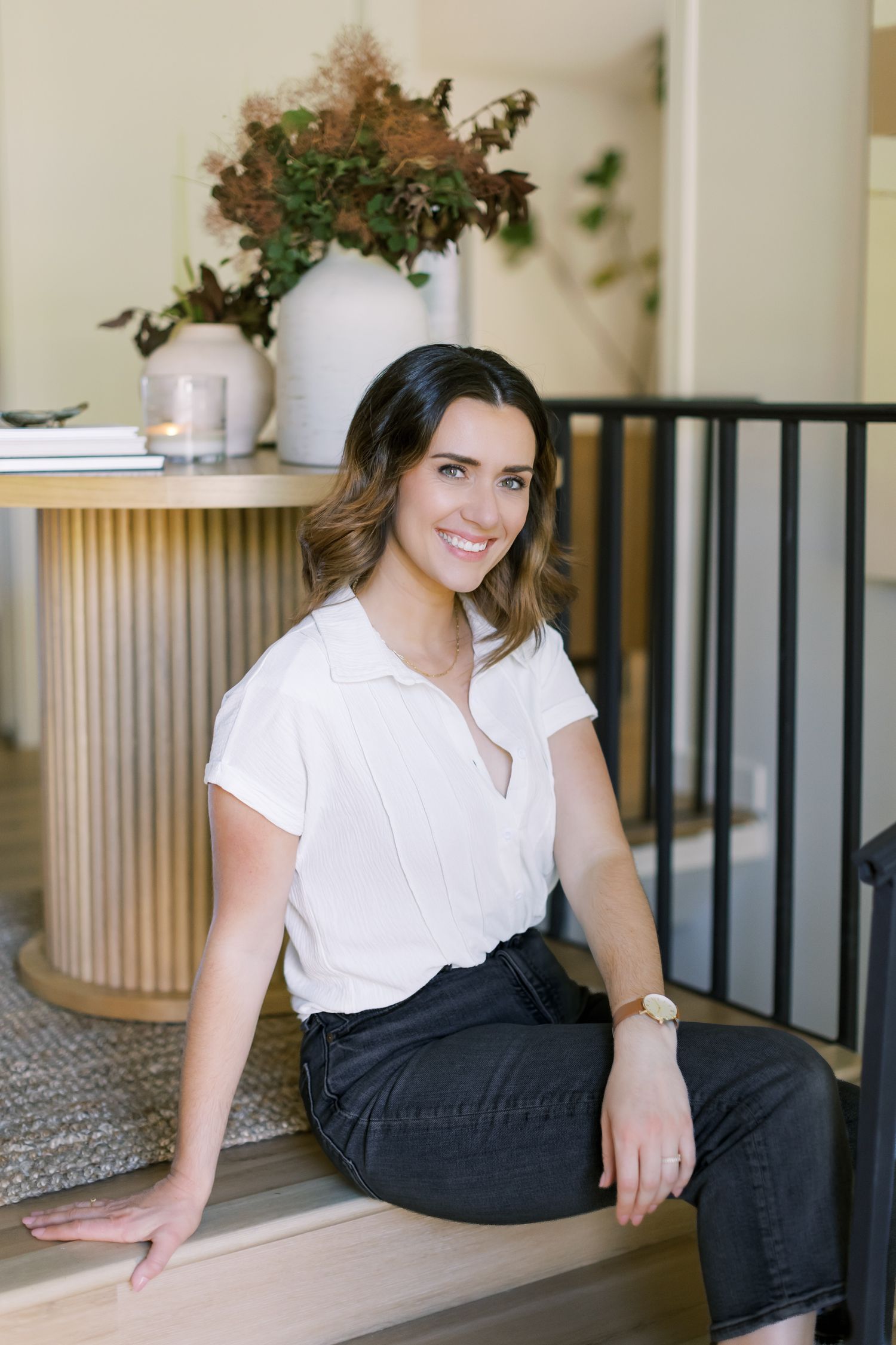 woman with white shirt poses for headshot portrait for kathryn bruns photography