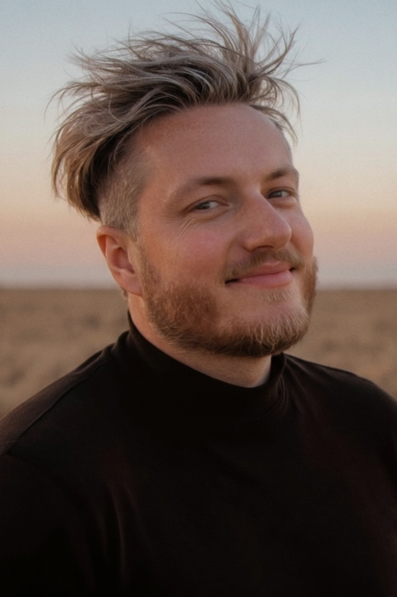 A series of six profile shots showing a bearded person in black clothing against a desert landscape at sunset.