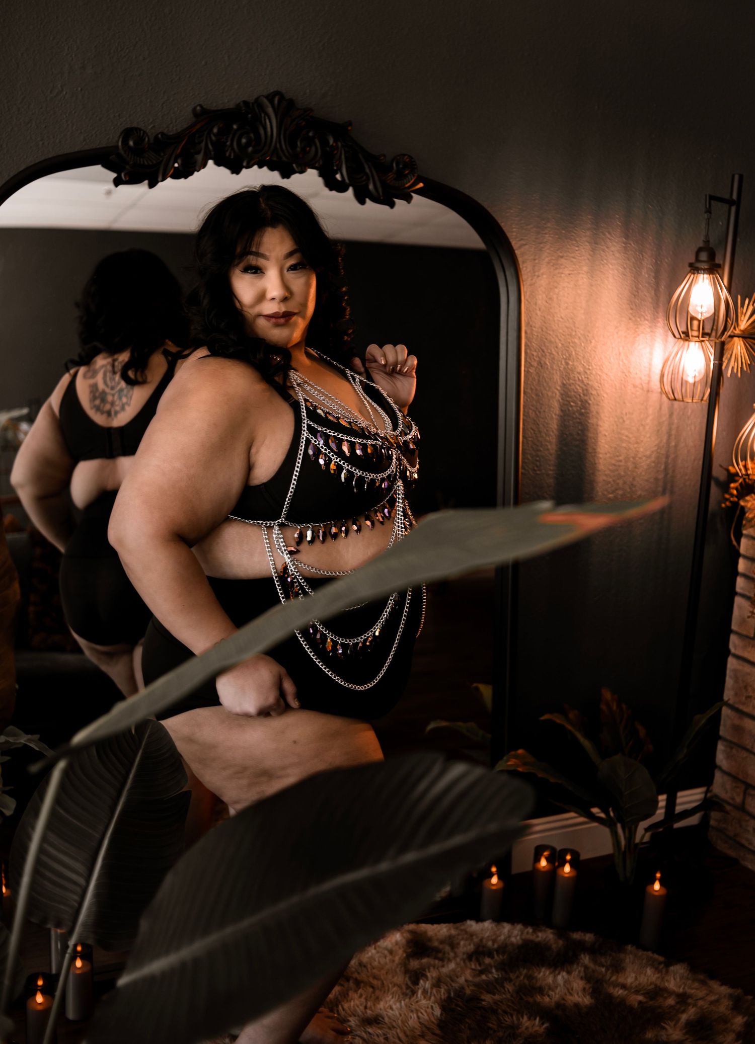 Dark, moody boudoir portrait featuring rich tones and elegant, empowering energy. Las Vegas boudoir photographer | dark and moody | luxury