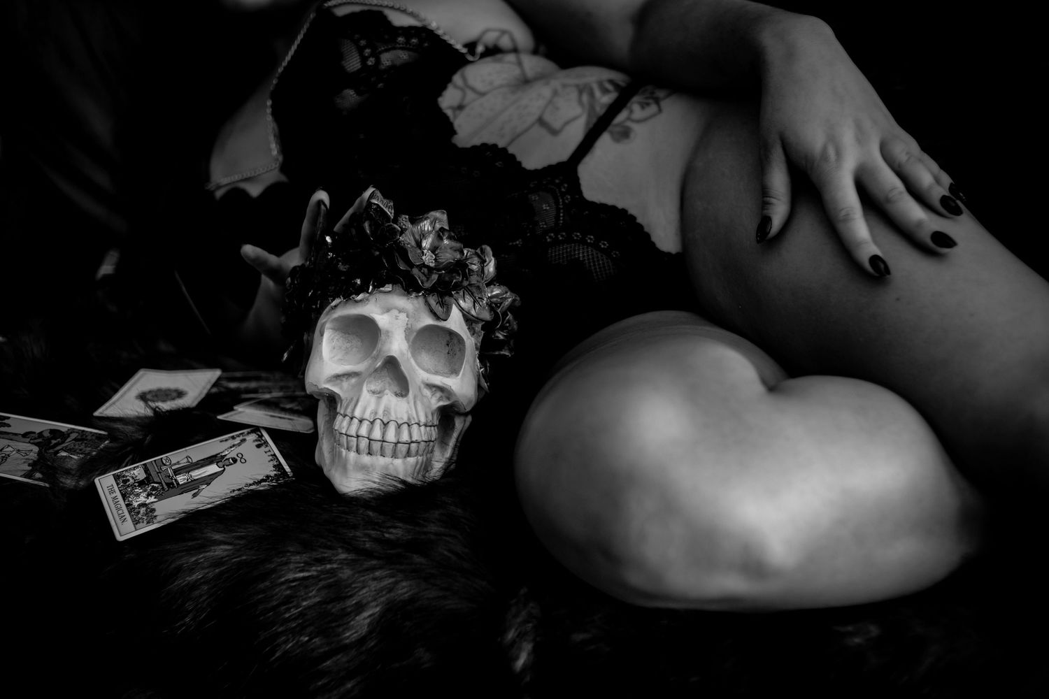 Subtle boudoir detail featuring lace, light, and texture — soft yet powerful. Halloween boudoir session. witchy boudoir session Las Vegas