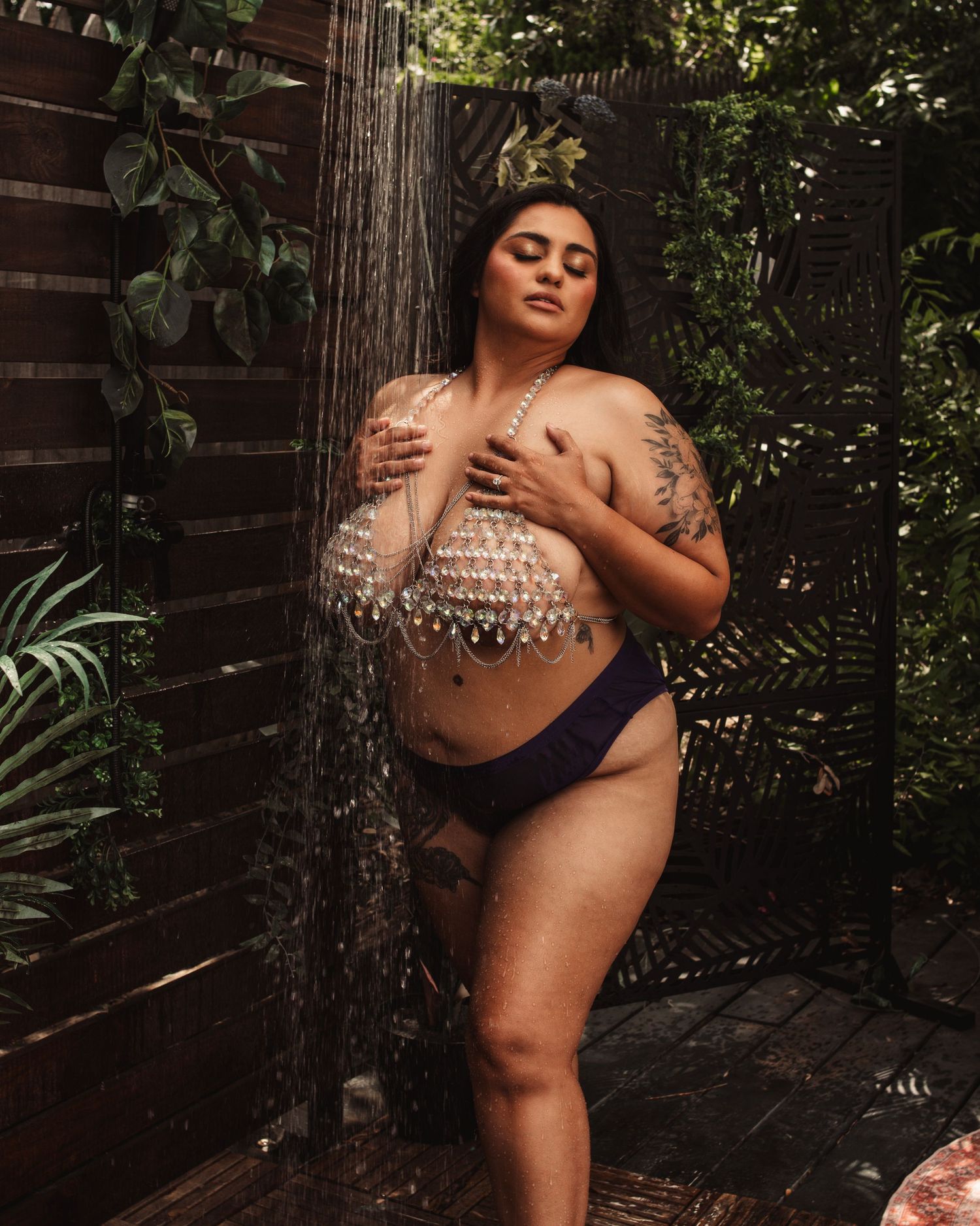 Outdoor boudoir session in Las Vegas captured in soft natural light — moody, intimate, and effortlessly confident. Shower Boudoir Session.