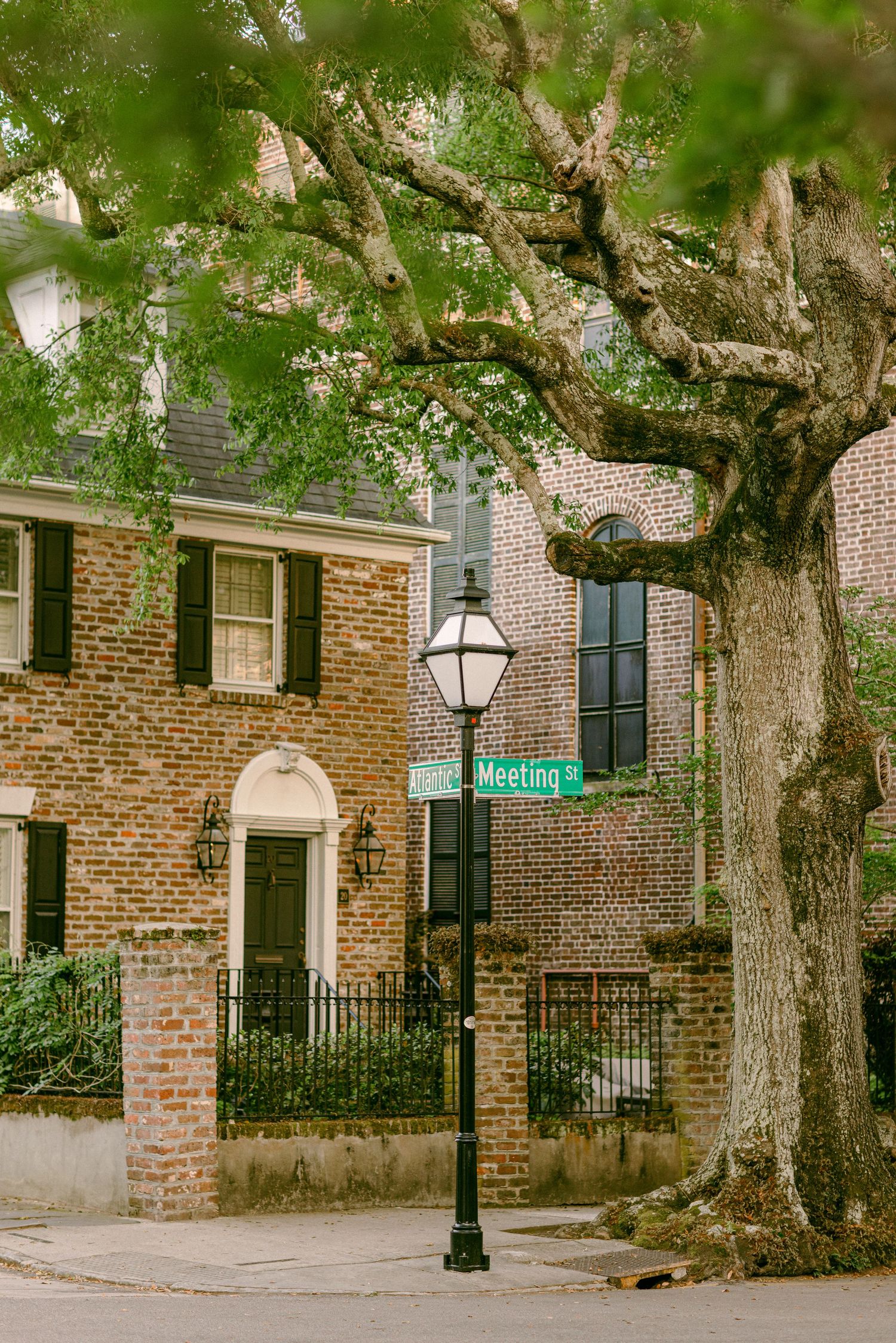 Historic brick buildings with black shutters and gas lamp posts line a Charleston street under oak tree canopies.