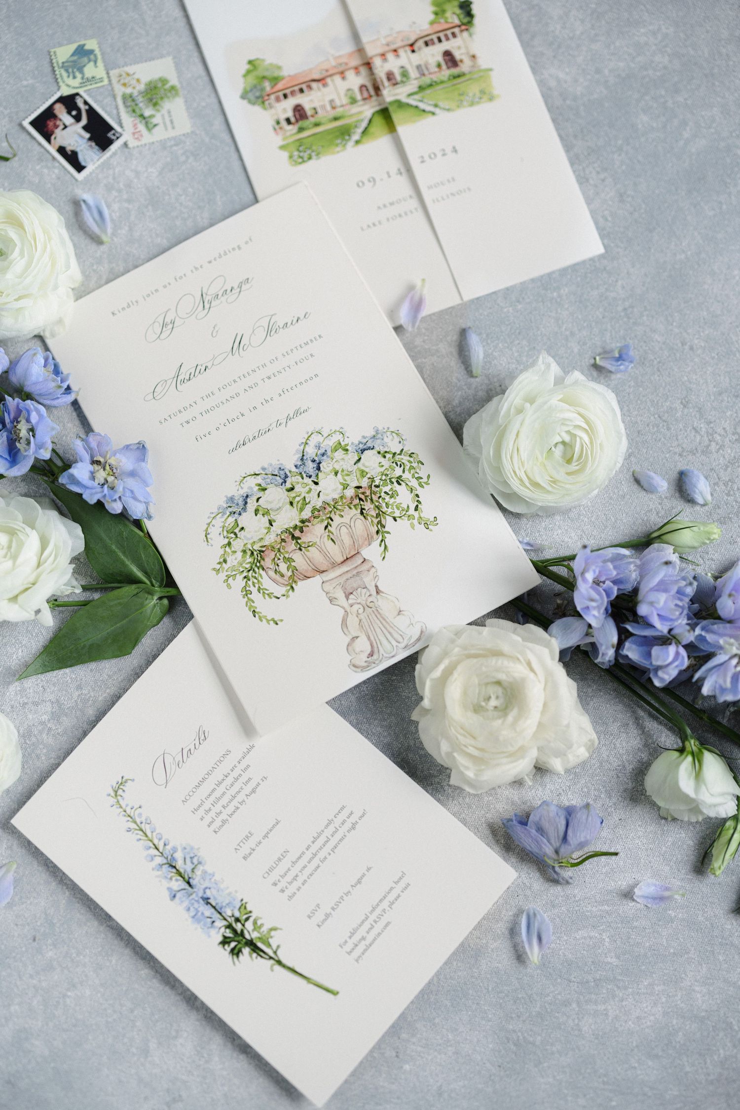 Elegant wedding invitation suite with watercolor floral illustrations and white roses against a light gray background.