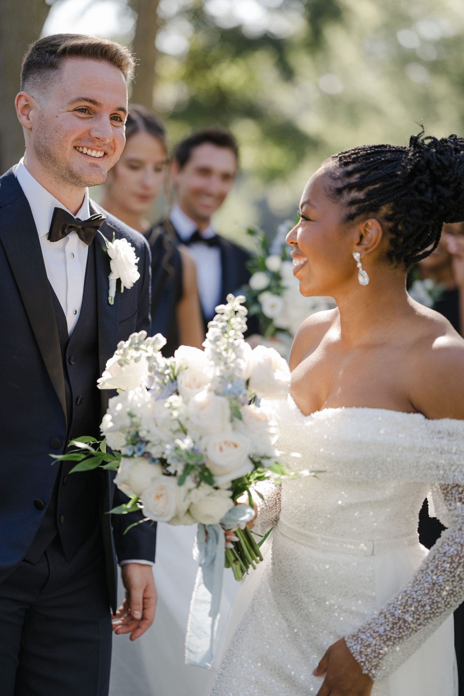 A joyful wedding moment captured in a series of photos showing a bride and groom sharing laughter outdoors.