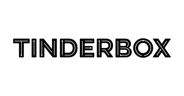 Tinderbox logo featuring bold black outlined block letters on a white background.